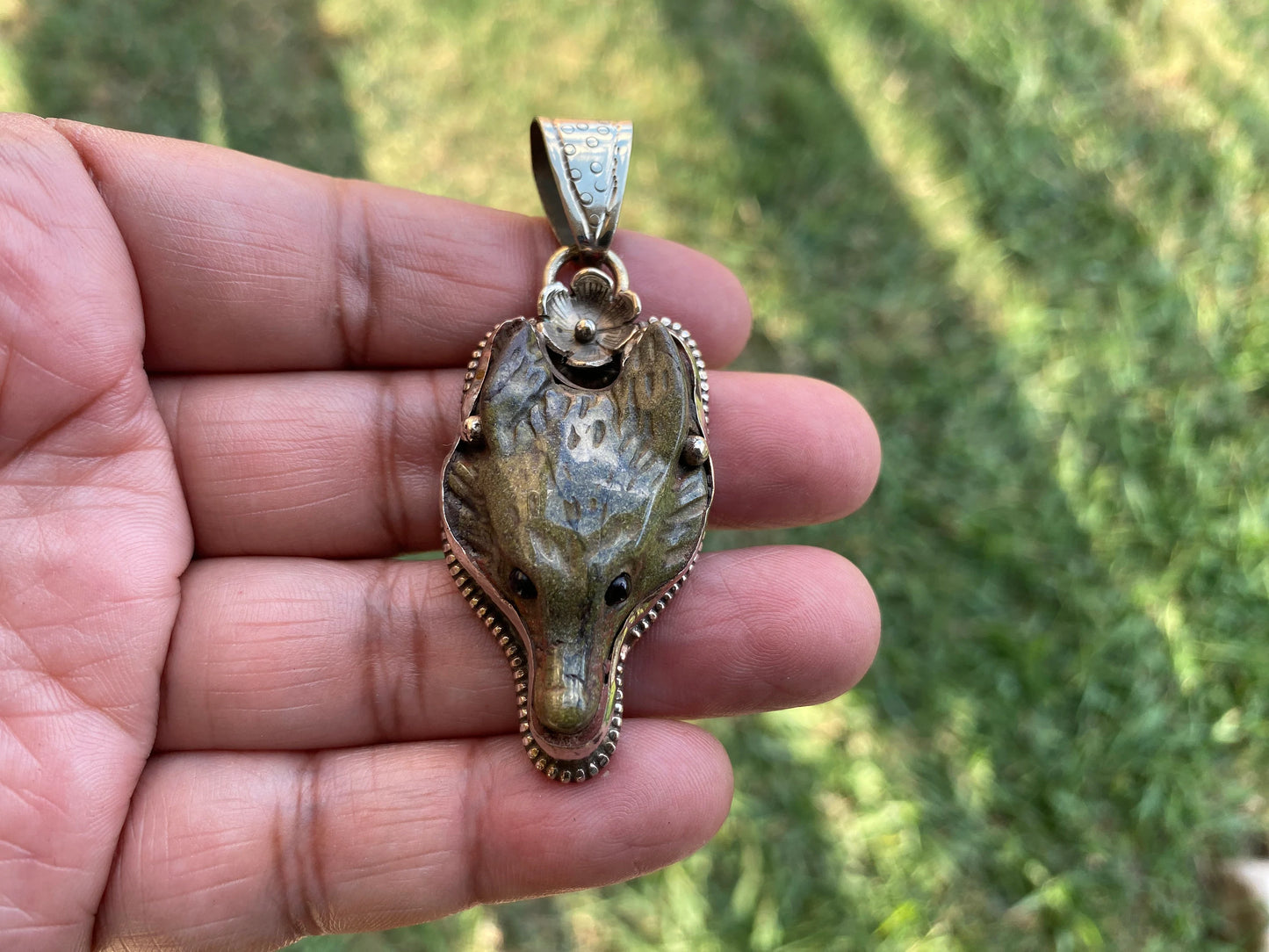 Fox Hand carved Jasper Tibetan Silver Pendant, Ethnic Jewelry, Jewelry Making, Necklace Pendant, Birthstone, Energy Stone Pendant