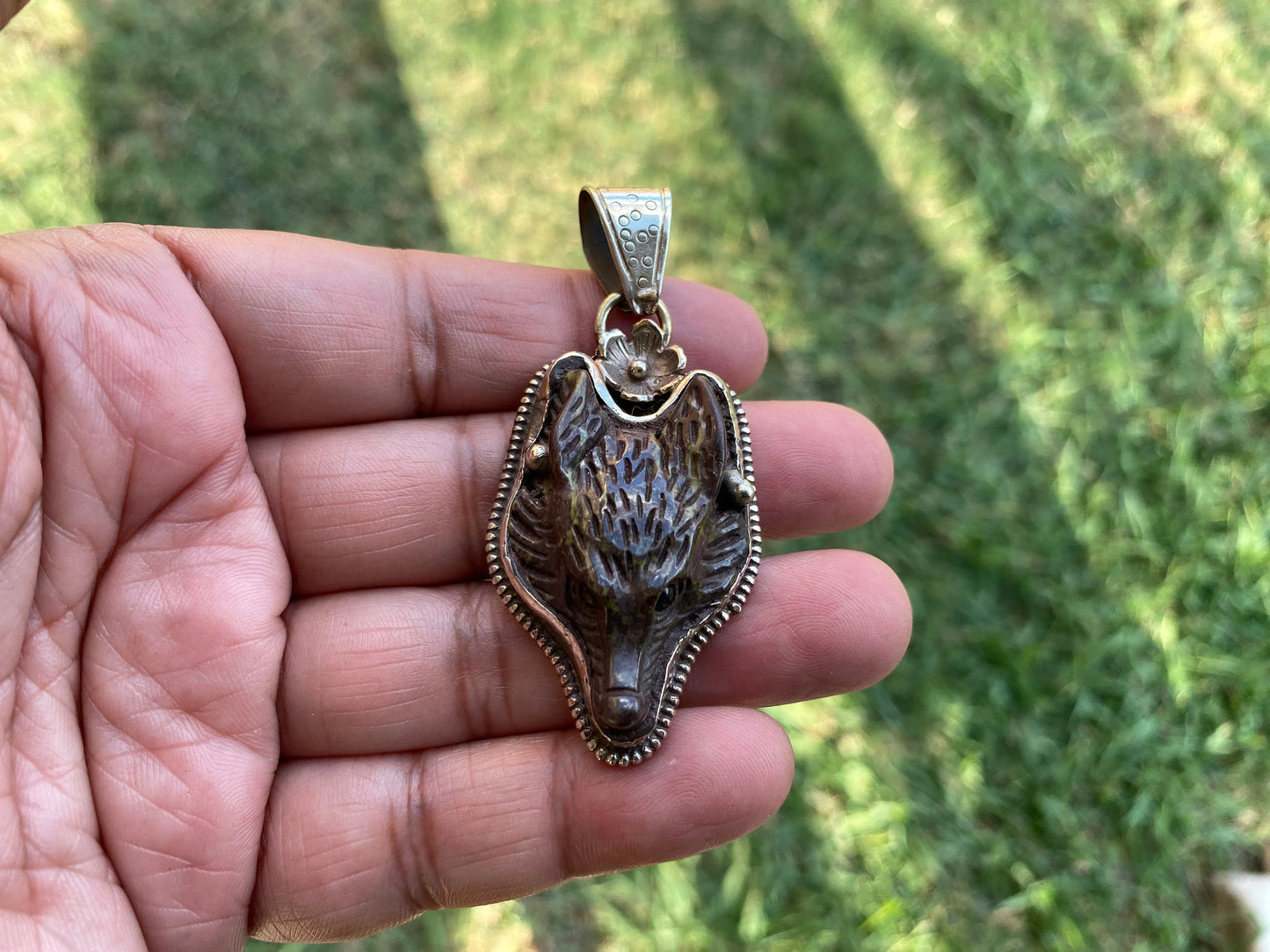 Fox Hand carved Jasper Tibetan Silver Pendant, Ethnic Jewelry, Jewelry Making, Necklace Pendant, Birthstone, Energy Stone Pendant