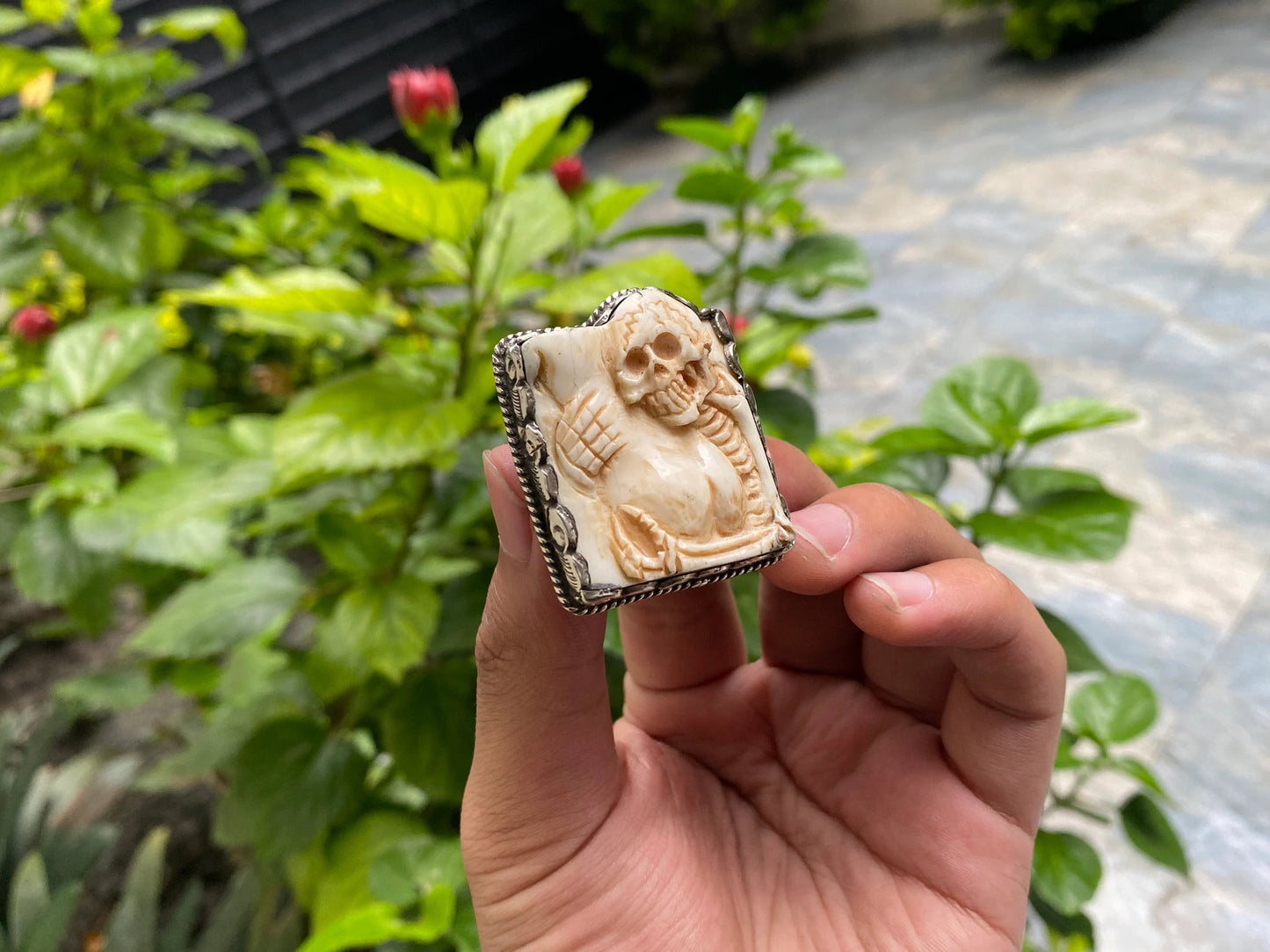 Funny Skull Carved on Water Buffalo bone, Tibetan Silver Ring, Bohemian fashion inspired Ring, Ring for daily wear, Unisex Ring.