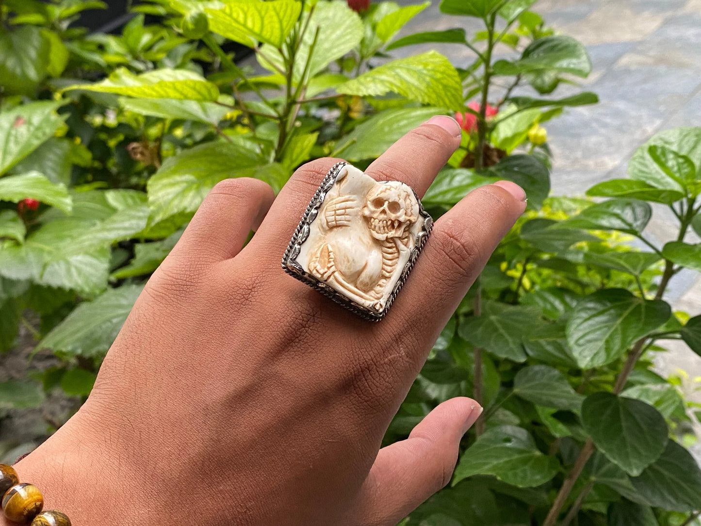 Funny Skull Carved on Water Buffalo bone, Tibetan Silver Ring, Bohemian fashion inspired Ring, Ring for daily wear, Unisex Ring.