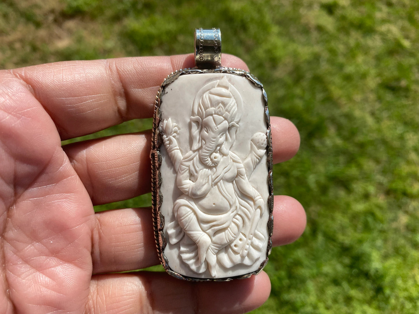 Ganesh Carved Bone Tibetan Silver Pendant, Buffalo Bone, Yoga Pendant, Ethnic Jewelry, Tribal, Spiritual Pendant, Pendant for Men or Women