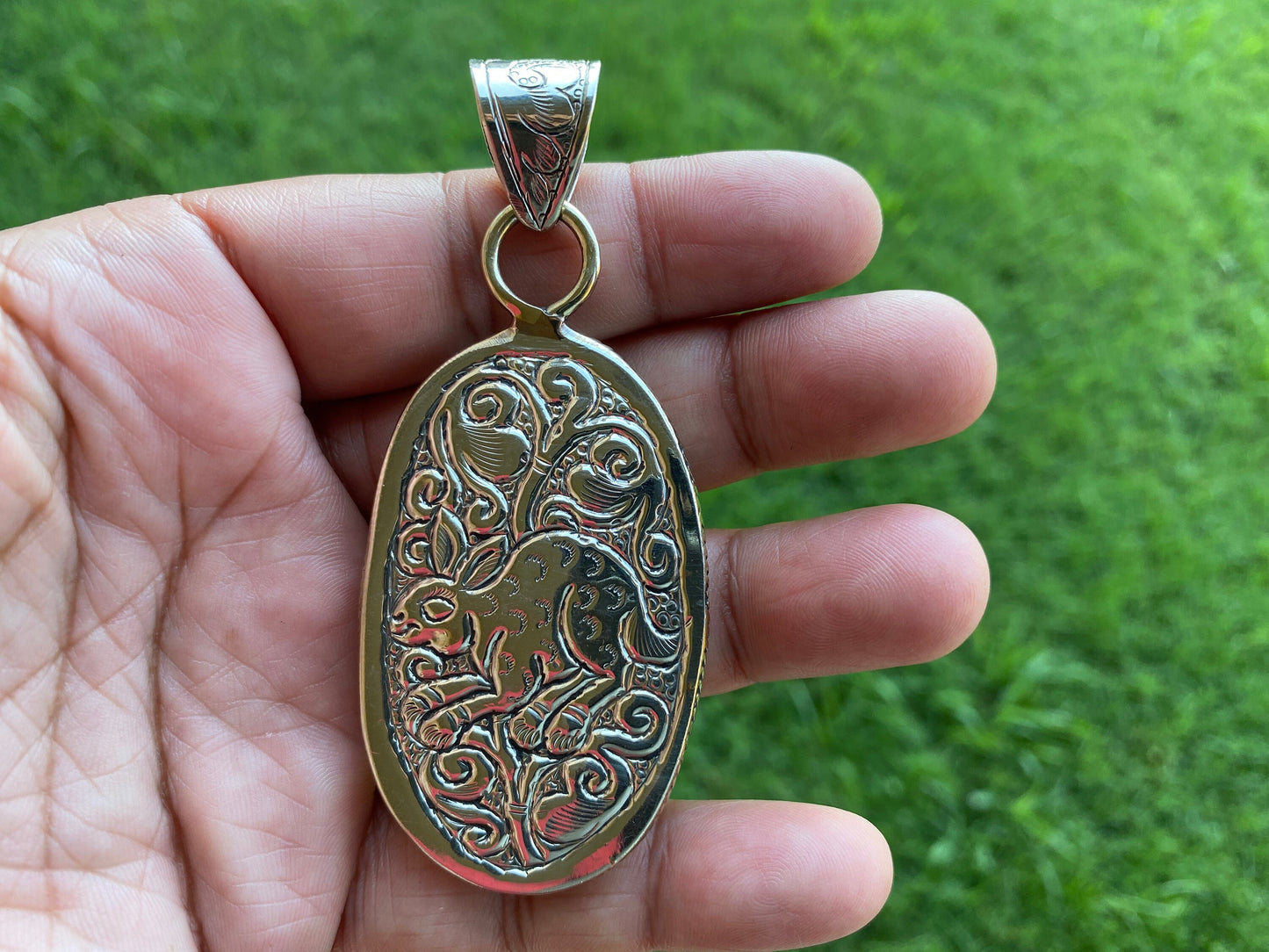 Ganesh Carved Bone Tibetan Silver Pendant, Buffalo Bone, Yoga Pendant, Ethnic Jewelry, Spiritual Pendant, for Men or Women, Rabbit Design