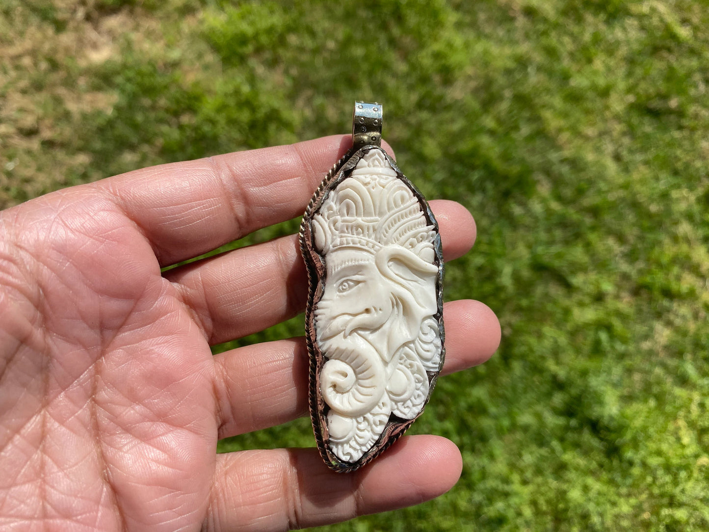 Ganesh Carved Bone Tibetan Silver Pendant, Buffalo Bone, Yoga Pendant, Ethnic Jewelry, Tribal, Spiritual Pendant for Men or Women, Hindu God