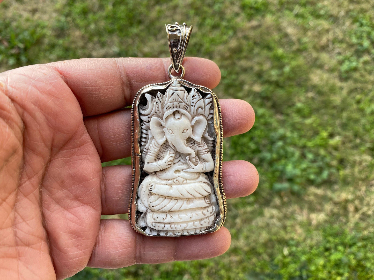 Ganesh Hand Carved Buffalo Bone Tibetan Silver Pendant, Yoga Pendant, Locket for Men & Women, Ethnic, Spiritual Pendant, Religious Jewelry