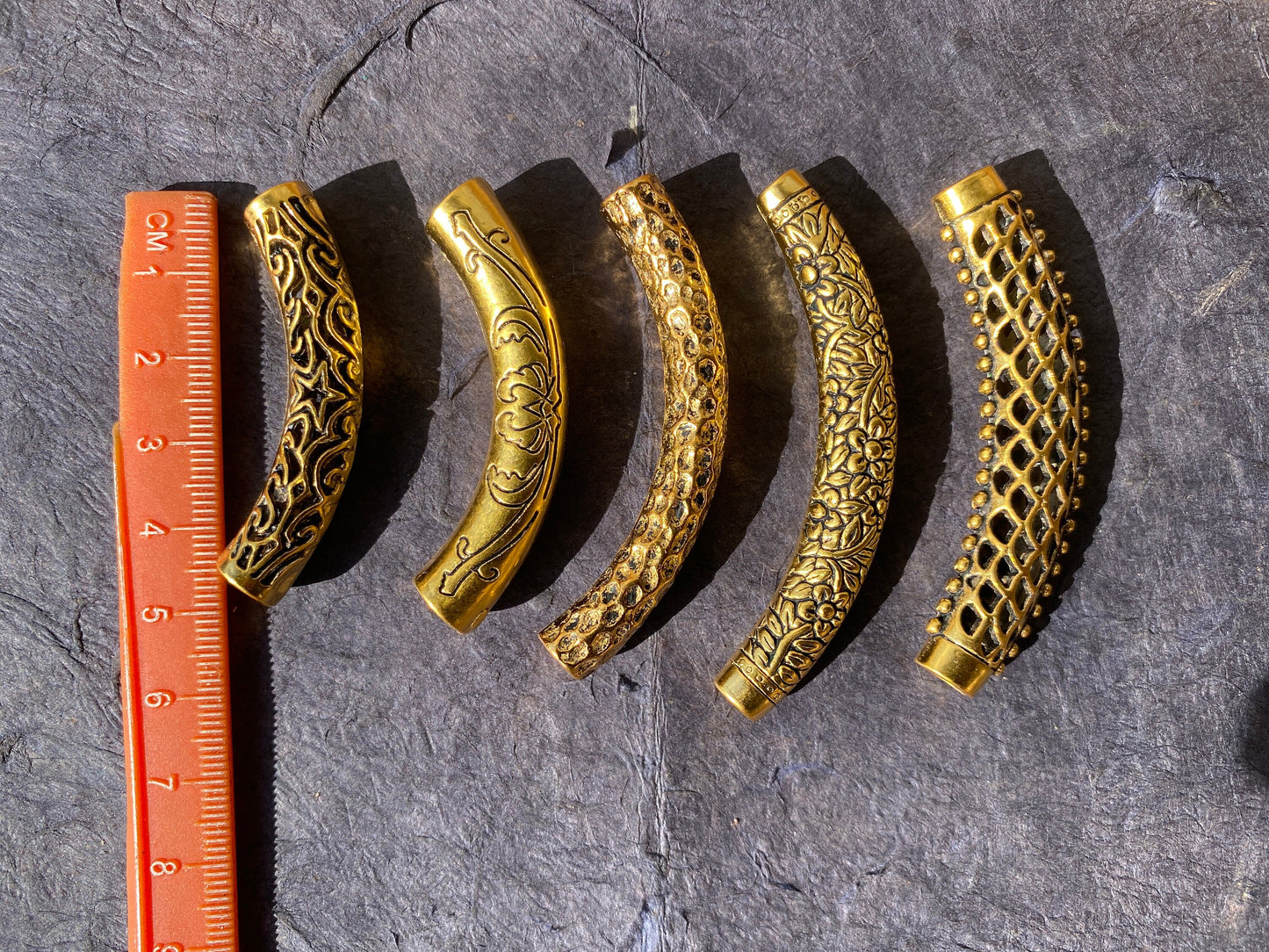 Gold Curved Tube Spacer Beads, 18k Non Tarnish Brushed Gold Overlay, Jewelry Making for Necklace, Bar Beads, Long Connector, Hollow Beads