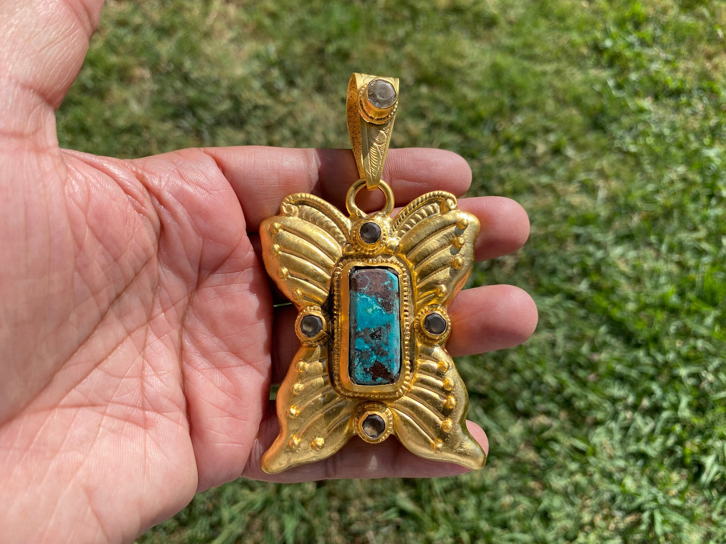 Gold Overlay Labradorite or Chrysocolla Pendant, Mystical Jewelry, Elegant Craftsmanship, Nature's Magic, Aurora-inspired, Luxurious Design
