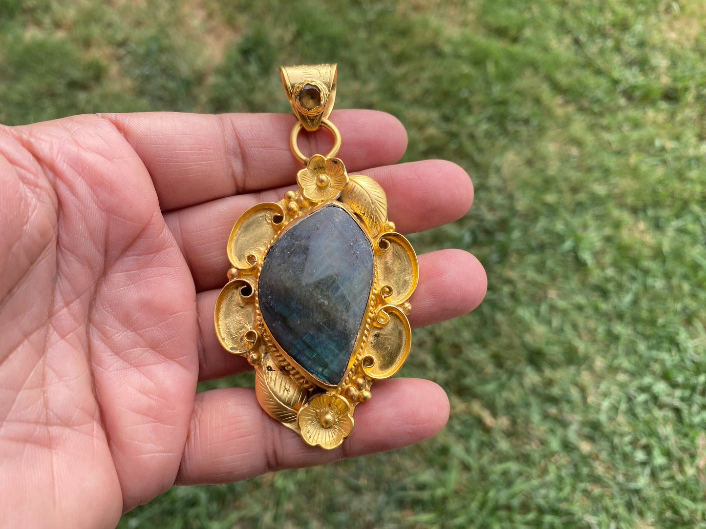Gold Overlay Labradorite with Citrine Gem Handcrafted Pendant, Mystical Charm, Elegant Craftsmanship, Nature's Magic Jewelry, Unique Jewelry