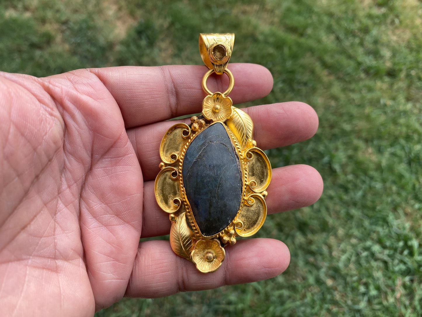 Gold Overlay Labradorite with Citrine Handcrafted Pendant, Mystical Charm, Elegant Craftsmanship, Nature's Magic Jewelry, Aurora-inspired