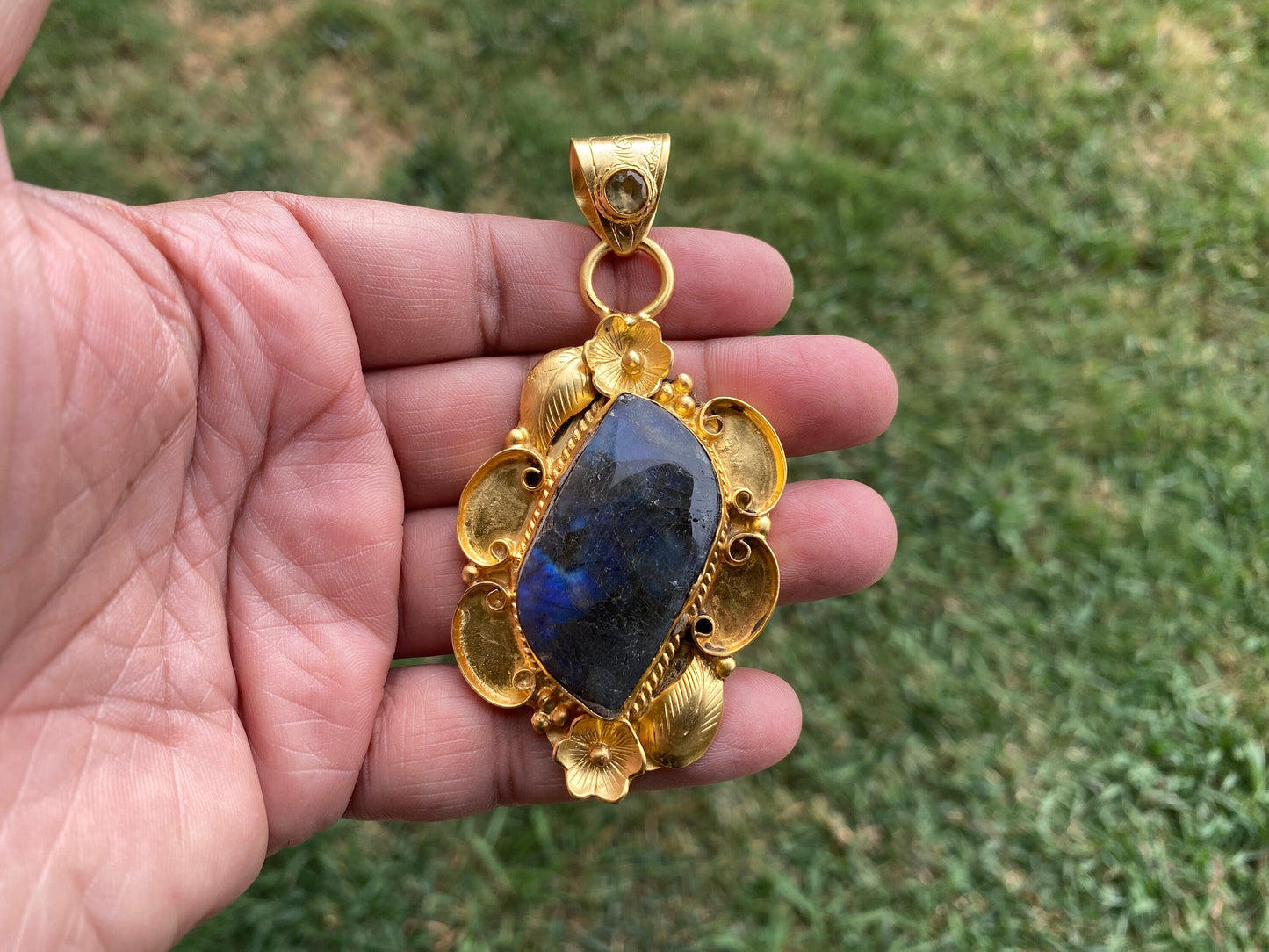 Gold Overlay Labradorite with Citrine Handcrafted Pendant, Mystical Charm, Elegant Craftsmanship, Nature's Magic Jewelry, Aurora-inspired