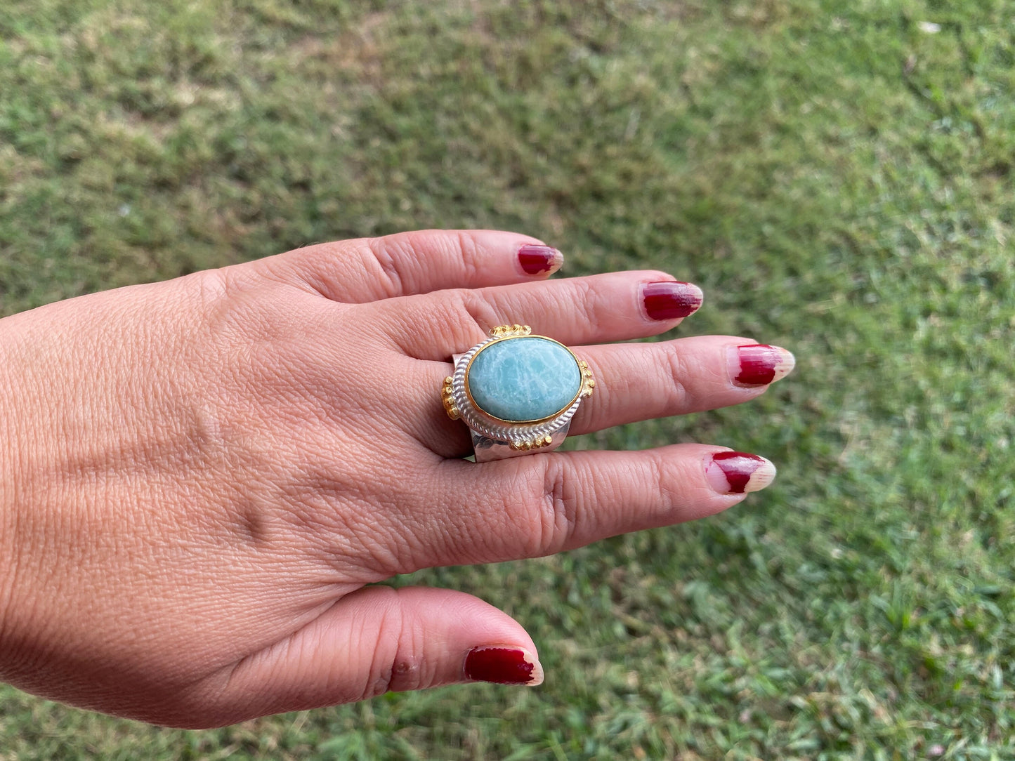 Adjustable Amazonite Natural Stone Two Tone Ring, Gold and Silver Overlay, Handmade Ring, Women Jewelry, Bohemian Jewelry, Energy Stone Ring