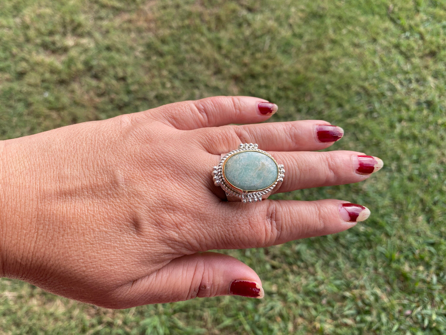 Adjustable Amazonite Natural Stone Two Tone Ring, Gold and Silver Overlay, Handmade Ring, Women Jewelry, Bohemian Jewelry, Energy Stone Ring