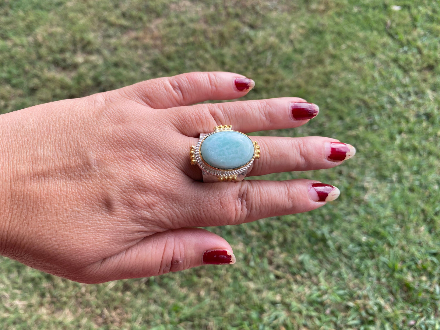 Adjustable Amazonite Natural Stone Two Tone Ring, Gold and Silver Overlay, Handmade Ring, Women Jewelry, Bohemian Jewelry, Energy Stone Ring