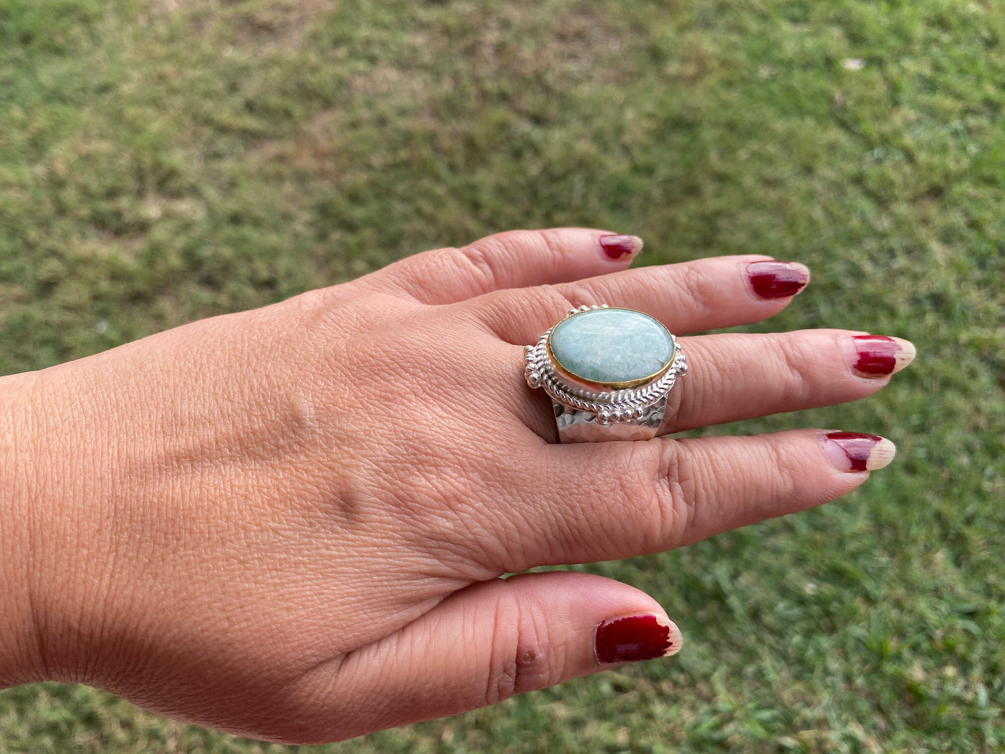 Adjustable Amazonite Natural Stone Two Tone Ring, Gold and Silver Overlay, Handmade Ring, Women Jewelry, Bohemian Jewelry, Energy Stone Ring
