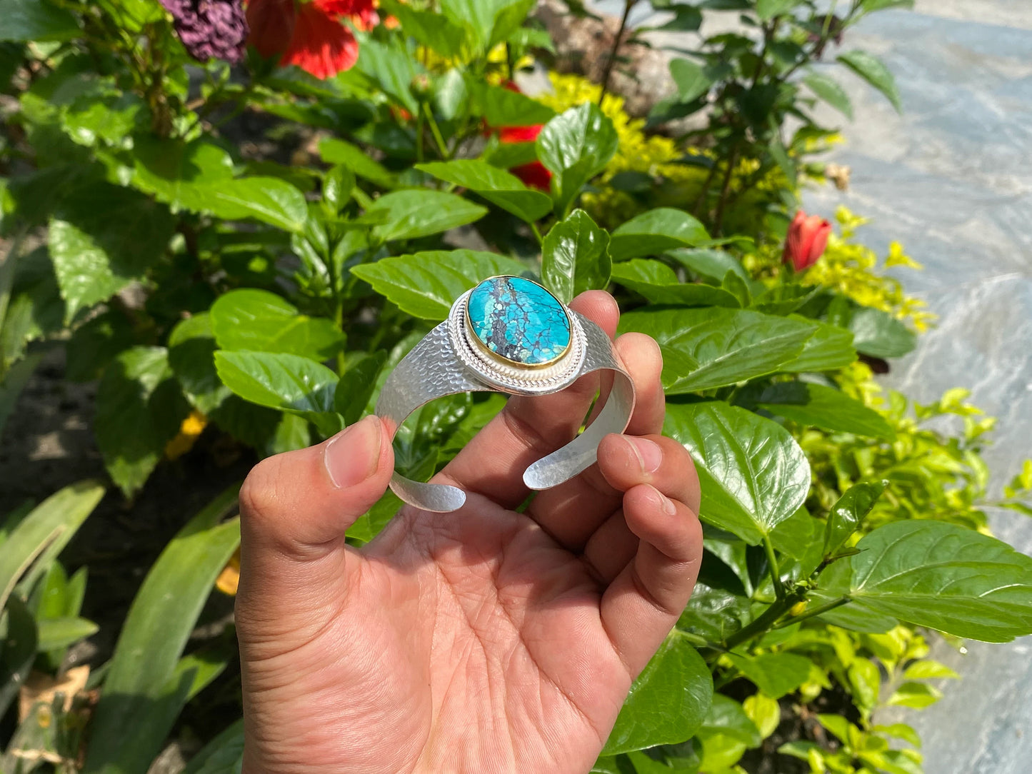 Gold with Silver Two Tone Natural Turquoise Hippie Bracelet, Cuff Bracelets, Bracelet for Calmness, Gift ideas, Gemstone adorned Bracelet