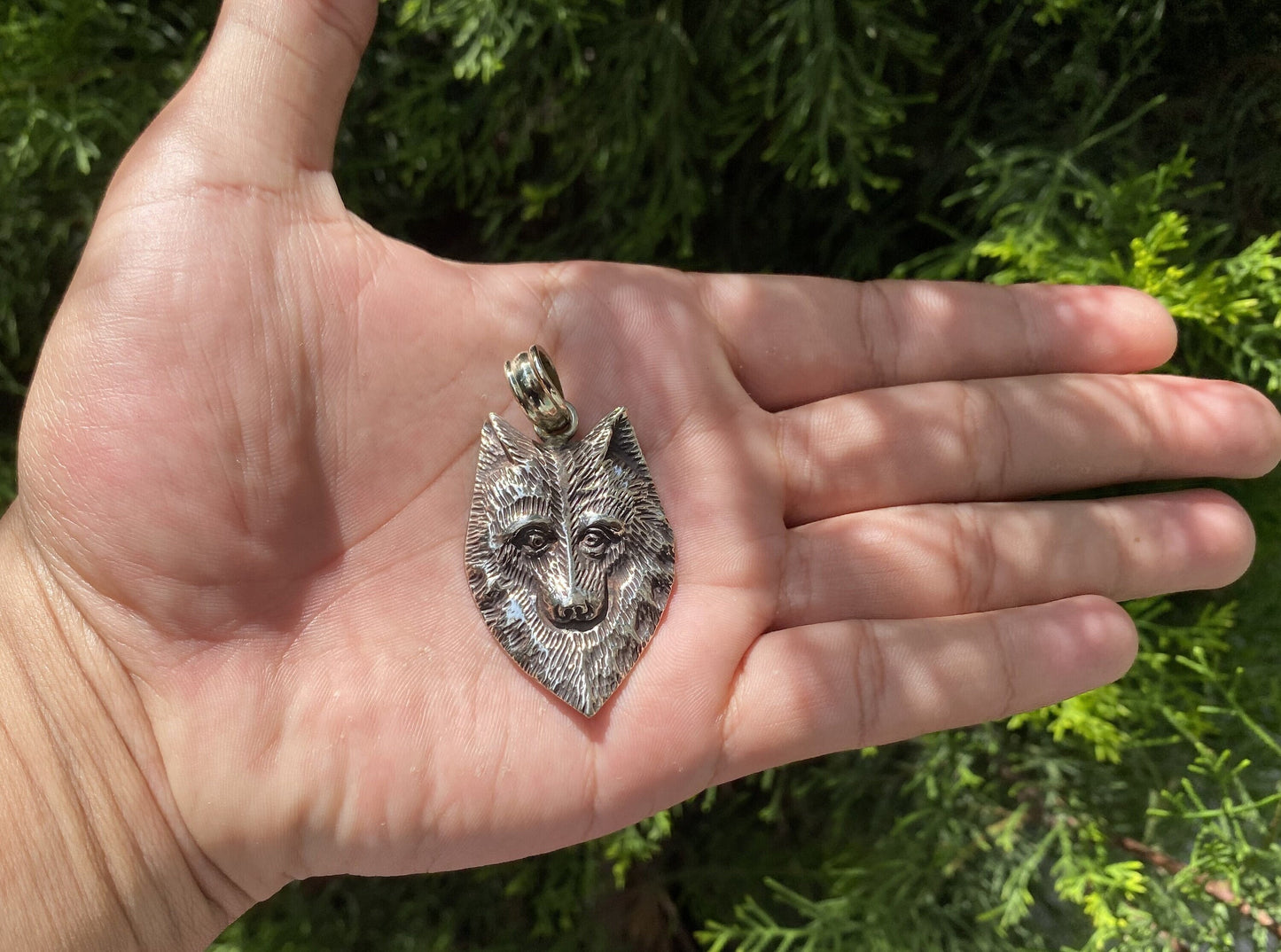 Guardian of the Night: Wolf Head in Tibetan Silver Pendant, Wolf Head Carved Tibetan Silver Pendant.