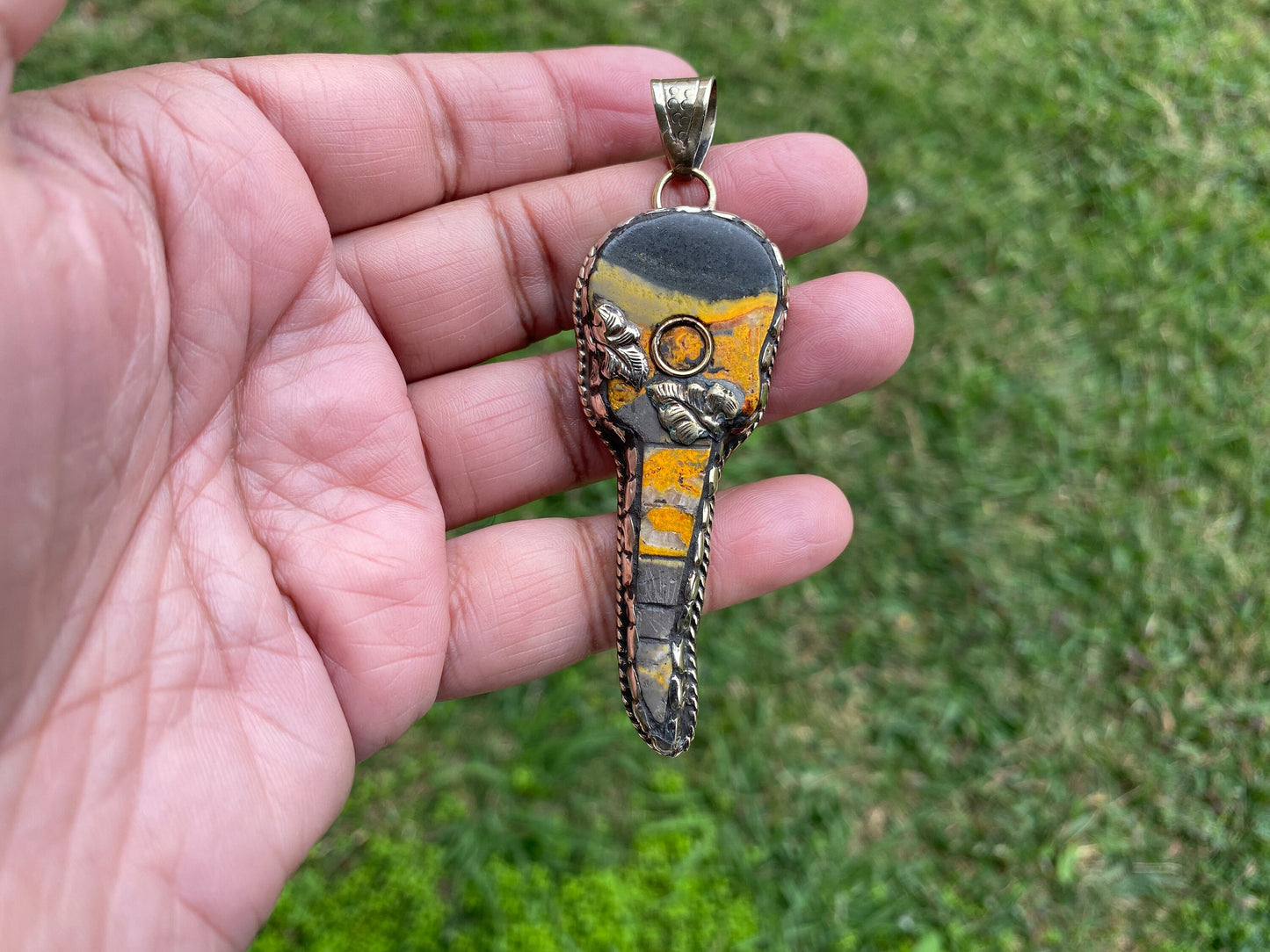 Guitar-shaped Jewelry, Natural Stone Bumblebee Jasper Tibetan Silver Pendant, Music Jewelry, Musician Gift, Guitar Jewelry, Boho Style
