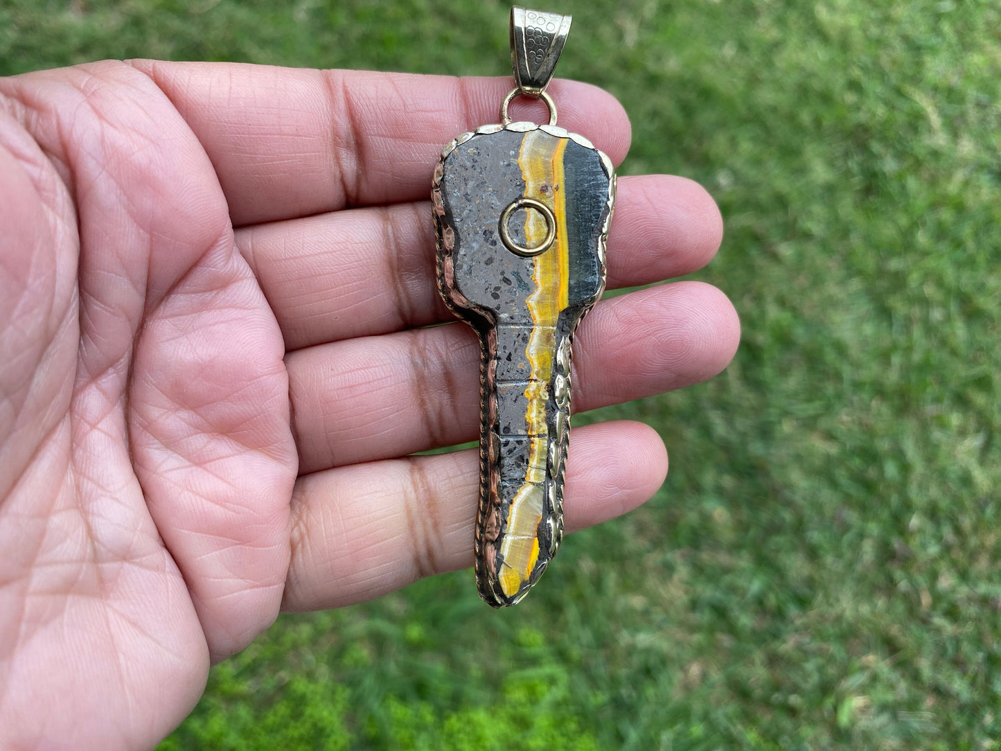 Guitar-shaped Jewelry, Natural Stone Bumblebee Jasper Tibetan Silver Pendant, Music Jewelry, Musician Gift, Guitar Jewelry, Boho Style