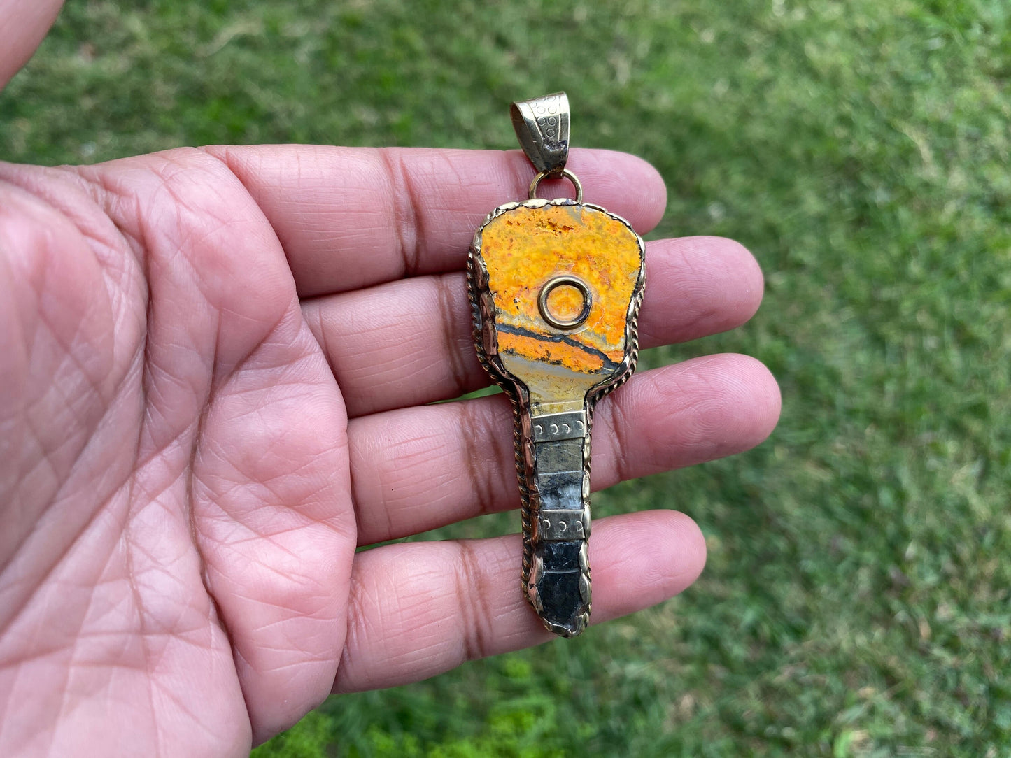 Guitar Pendant, Natural Stone Bumblebee Jasper Tibetan Silver Pendant, Music Jewelry, Musician Gift, Guitar Pick Pendant, Guitar Jewelry