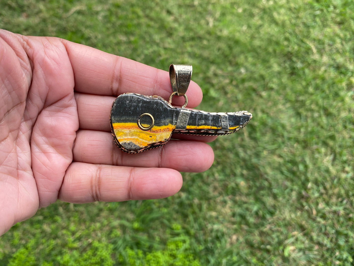 Guitar Pendant, Natural Stone Bumblebee Jasper Tibetan Silver Pendant, Music Jewelry, Musician Gift, Guitar Pick Pendant, Guitar Jewelry