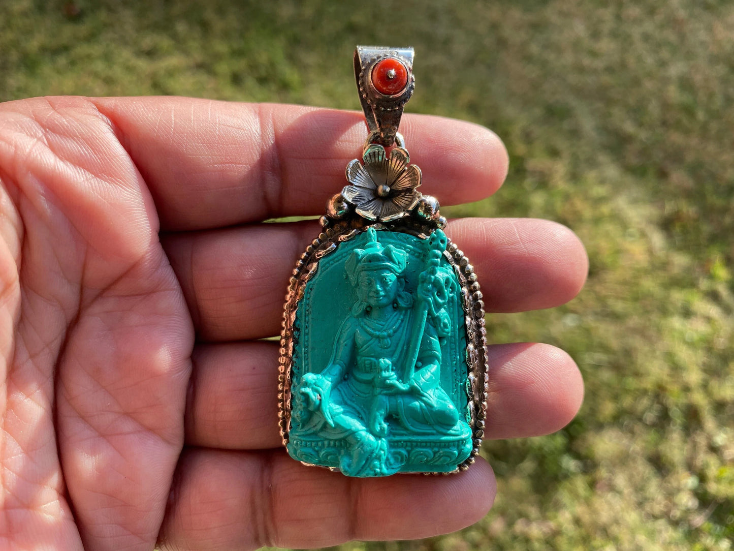 Guru Padmasambhava Rinpoche Pendant, Stabilized Turquoise with Red Coral Gemstone Tibetan Silver Pendant, Medicine Buddha, Sakyamuni Buddha