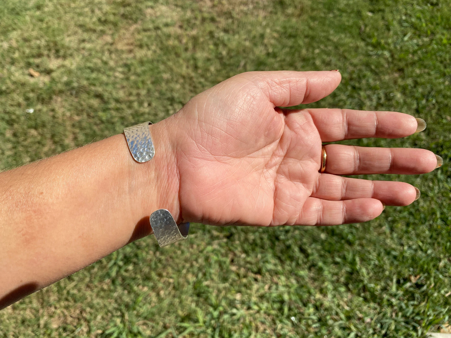 Adjustable Two Tone Cuff Bracelet, Jasper Natural Stone, Brushed Gold with Silver Overlay, Hammered Bracelet, Wide Cuff, Handcrafted Jewelry