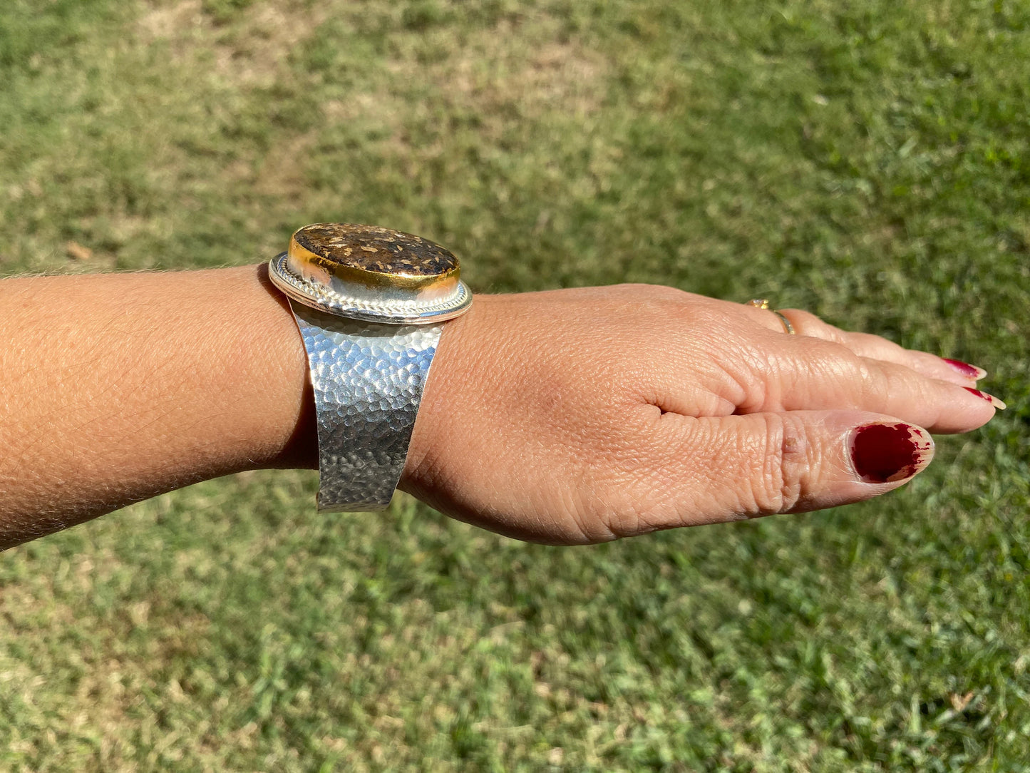 Adjustable Two Tone Cuff Bracelet, Jasper Natural Stone, Brushed Gold with Silver Overlay, Hammered Bracelet, Wide Cuff, Handcrafted Jewelry
