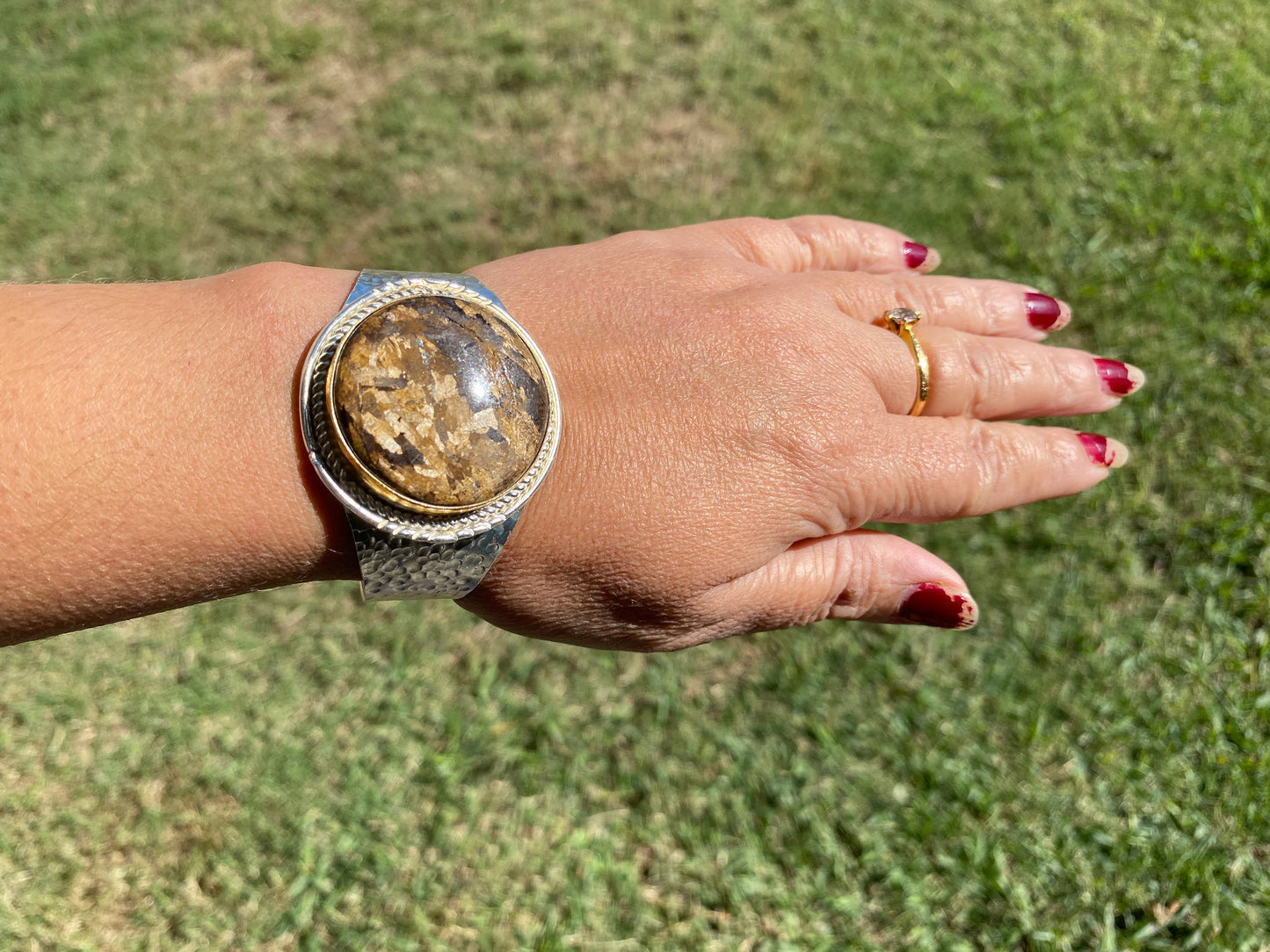 Adjustable Two Tone Cuff Bracelet, Jasper Natural Stone, Brushed Gold with Silver Overlay, Hammered Bracelet, Wide Cuff, Handcrafted Jewelry