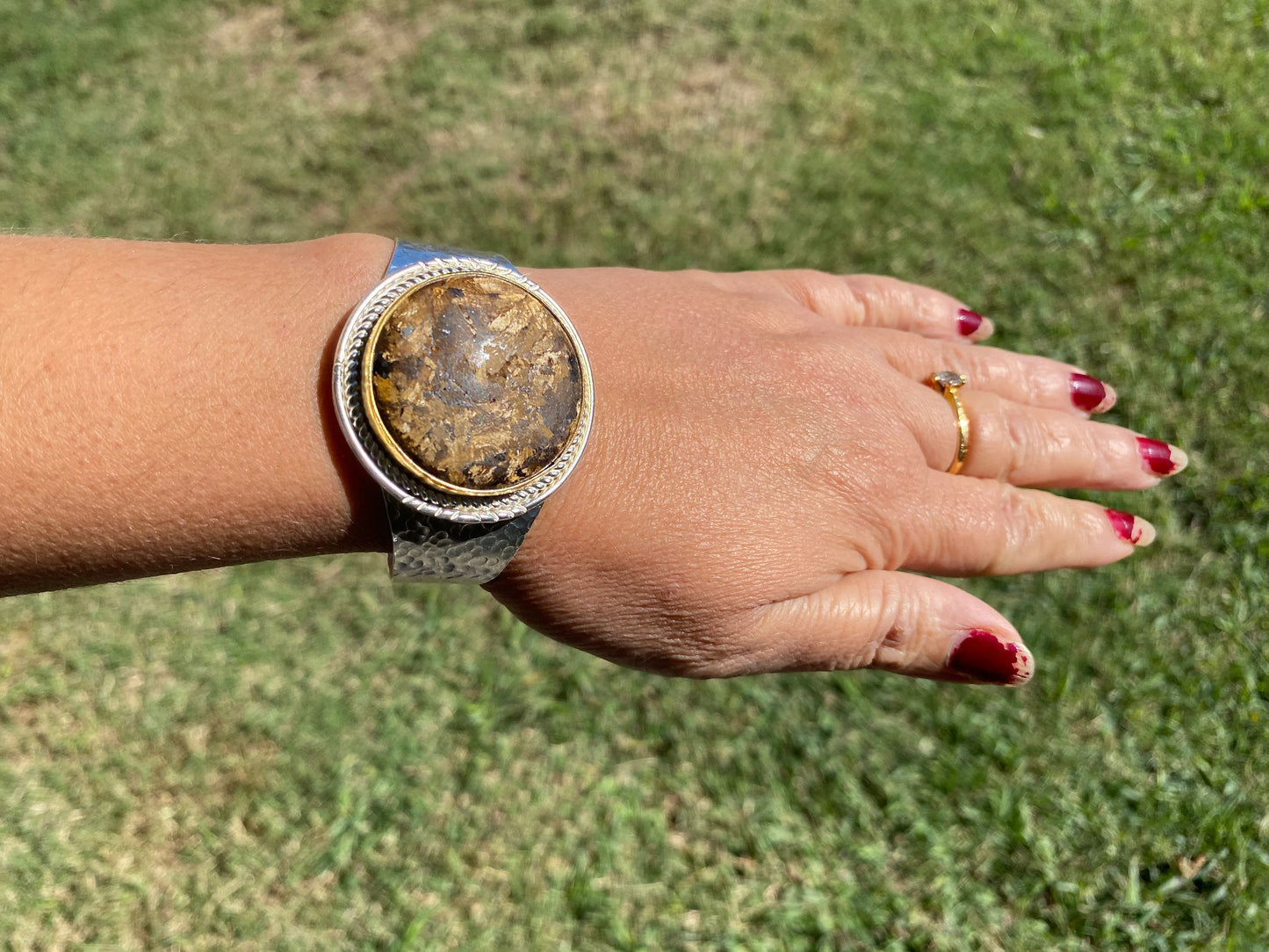 Adjustable Two Tone Cuff Bracelet, Jasper Natural Stone, Brushed Gold with Silver Overlay, Hammered Bracelet, Wide Cuff, Handcrafted Jewelry