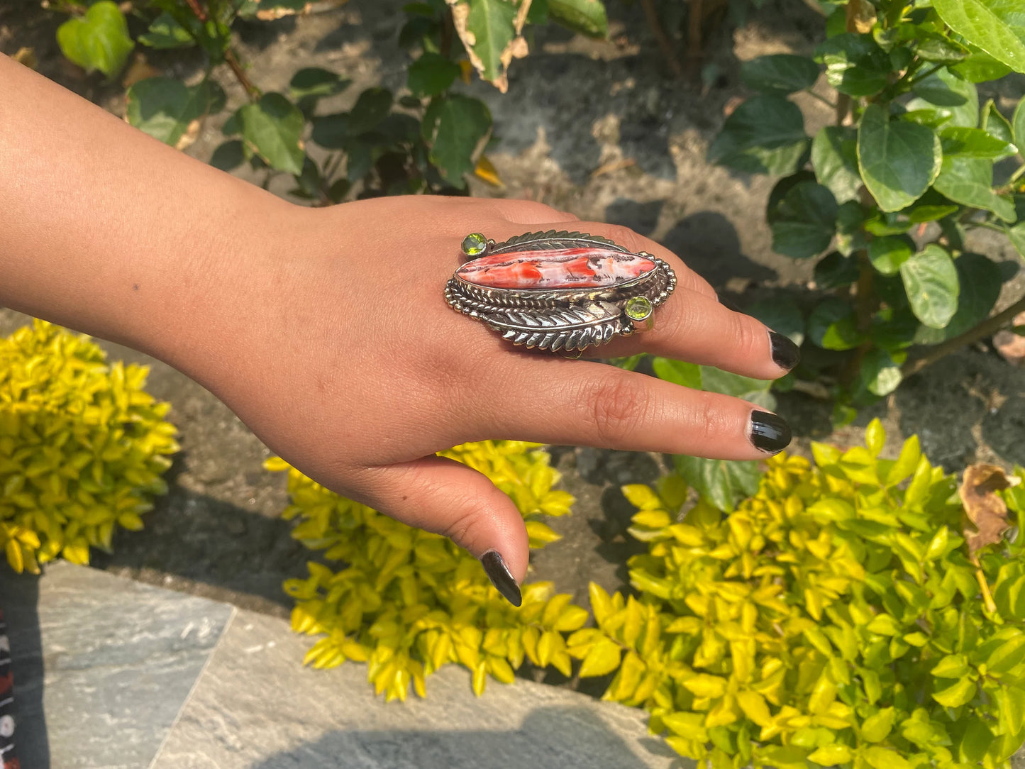 Adjustable spiny orange oyster ring, Tibetan Silver Ring, Handmade Ring, Hammered Ring, Hippie Ring.