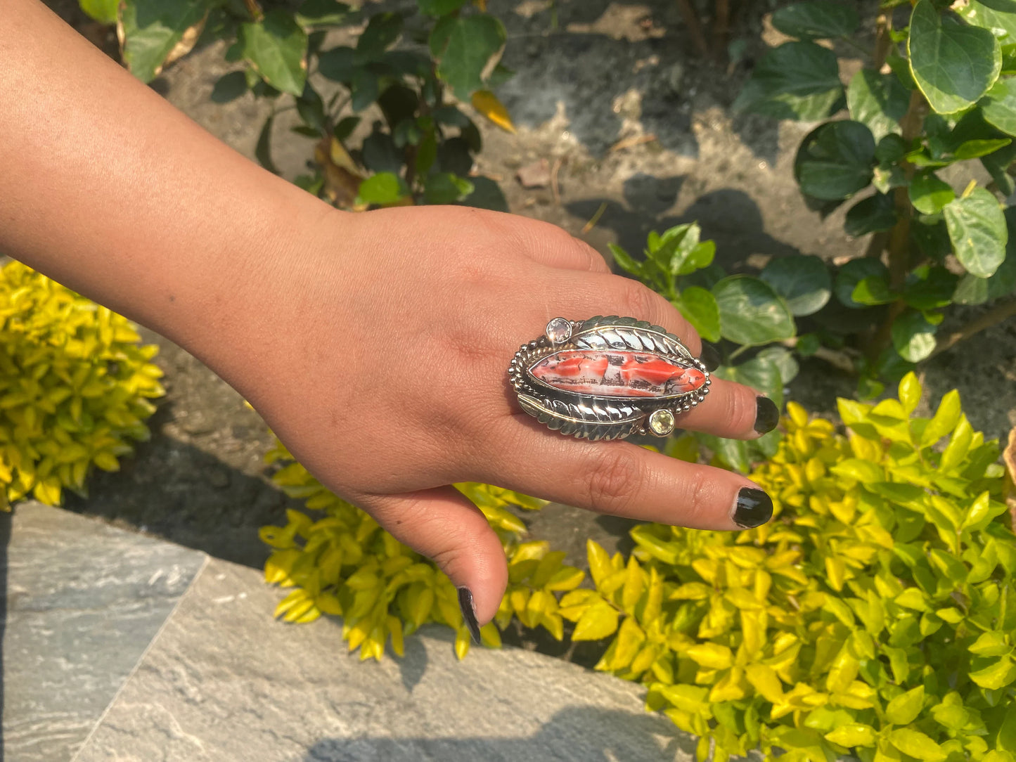 Adjustable spiny orange oyster ring, Tibetan Silver Ring, Handmade Ring, Hammered Ring, Hippie Ring.