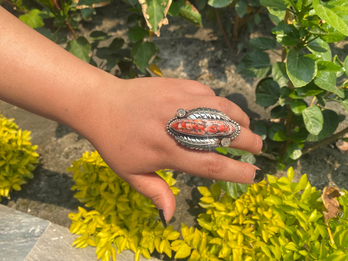 Adjustable spiny orange oyster ring, Tibetan Silver Ring, Handmade Ring, Hammered Ring, Hippie Ring.