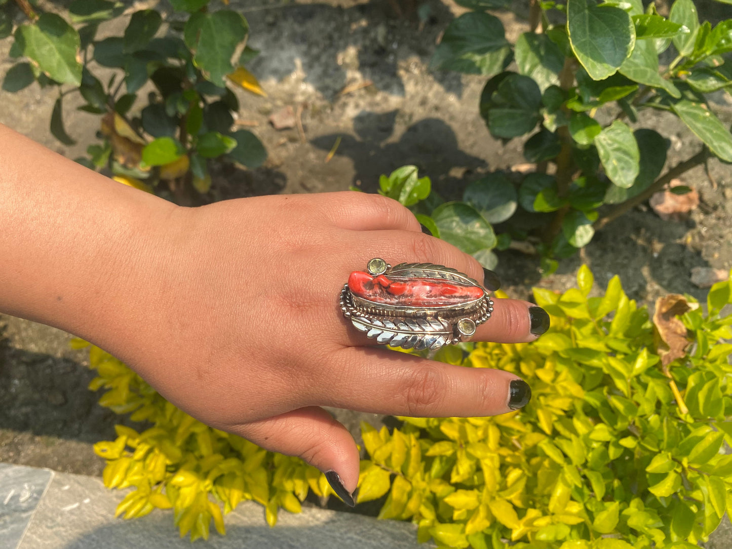 Adjustable spiny orange oyster ring, Tibetan Silver Ring, Handmade Ring, Hammered Ring, Hippie Ring.