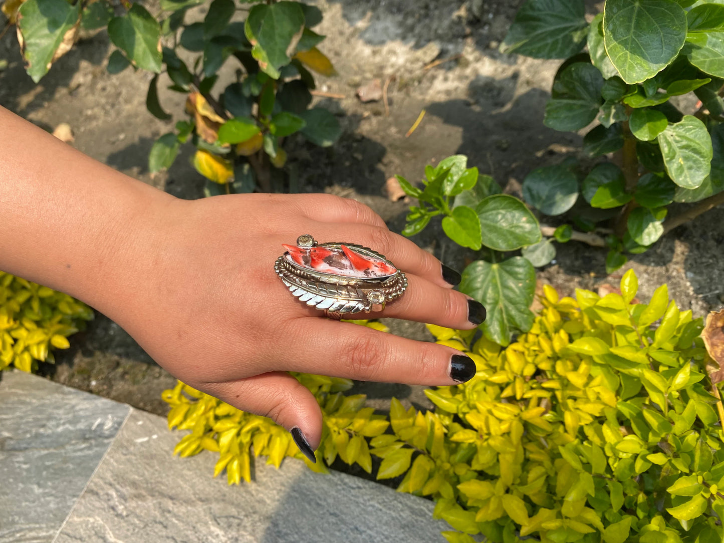 Hammered Tibetan Silver Ring adorned with Spiny Orange Oyster.
