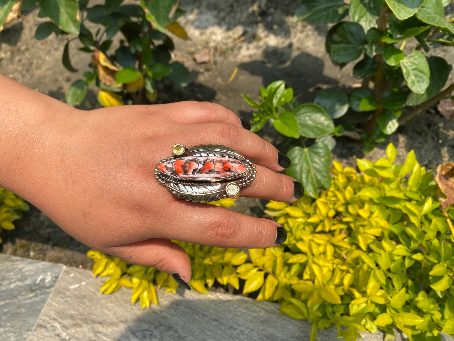 Hammered Tibetan Silver Ring adorned with Spiny Orange Oyster.