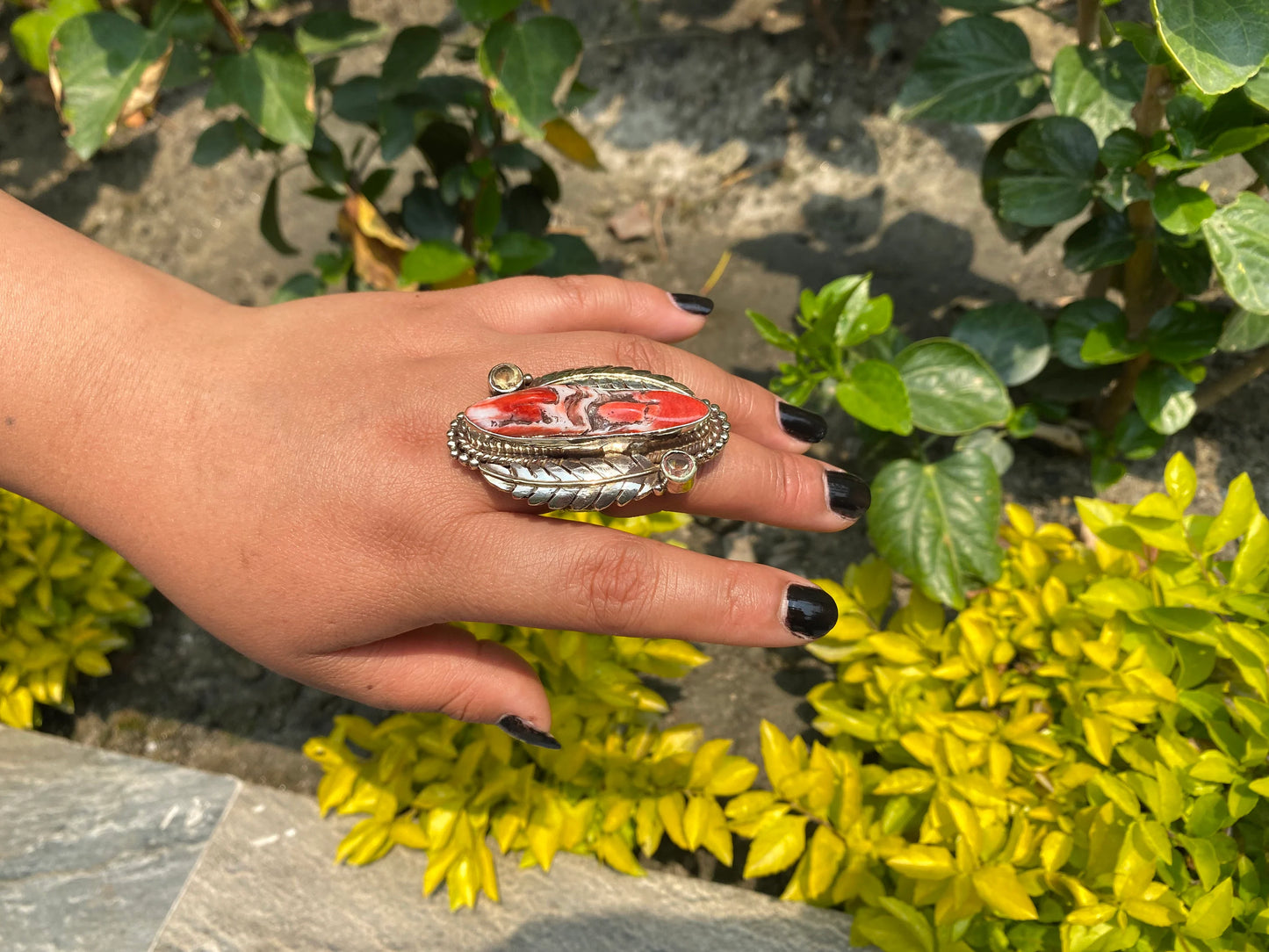 Hammered Tibetan Silver Ring adorned with Spiny Orange Oyster.