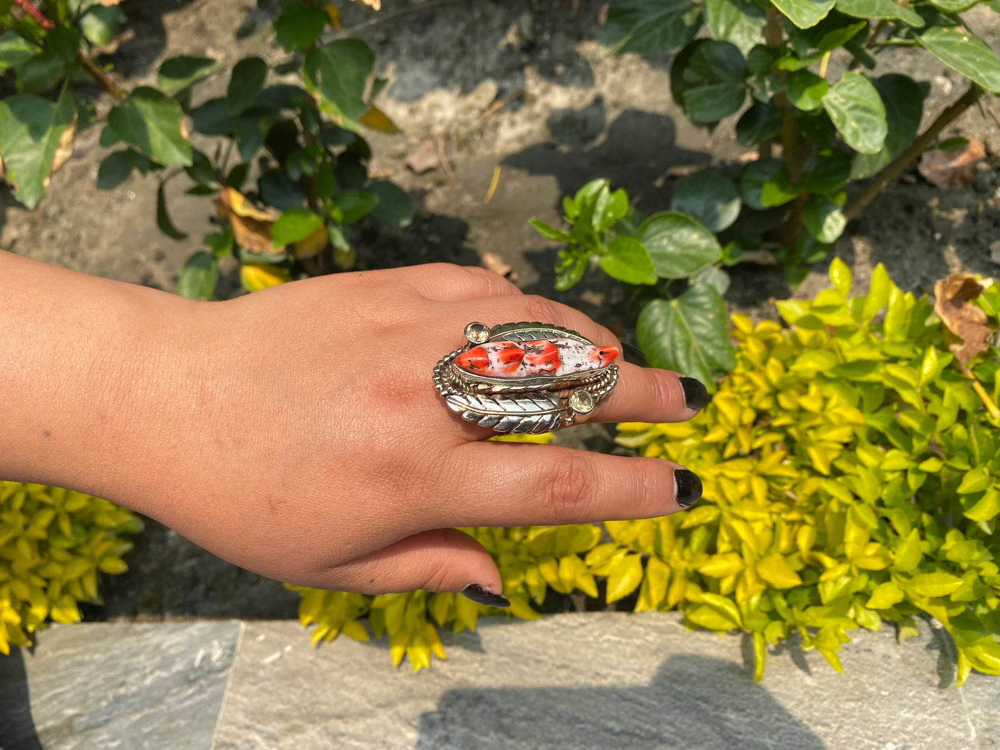 Hammered Tibetan Silver Ring adorned with Spiny Orange Oyster.