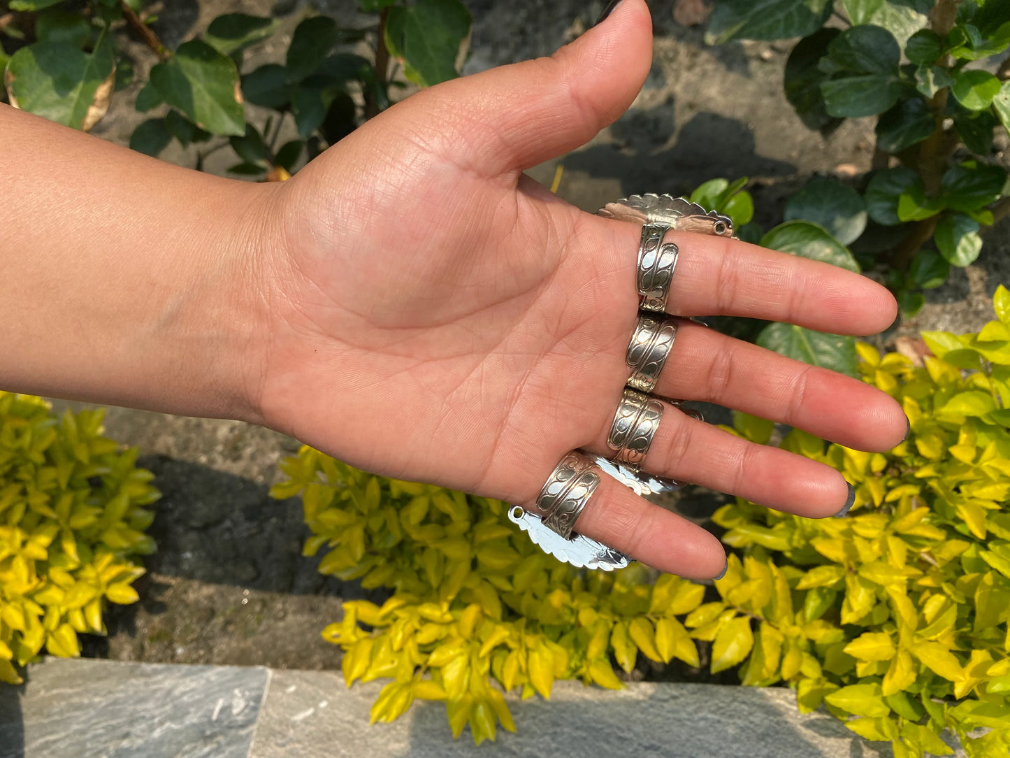 Hammered Tibetan Silver Ring adorned with Spiny Orange Oyster.