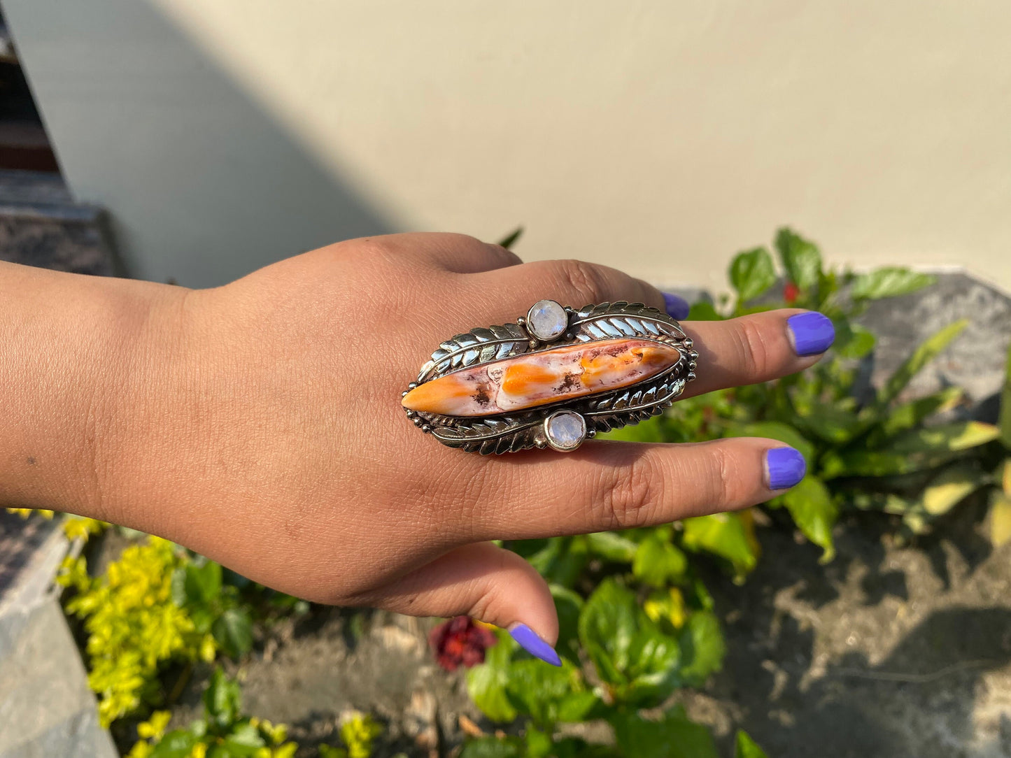 Hammered Tibetan silver Hand Ring , Made with Tibetan Silver & Natural Orange Spiny Oyster, Rings for Daily wears.