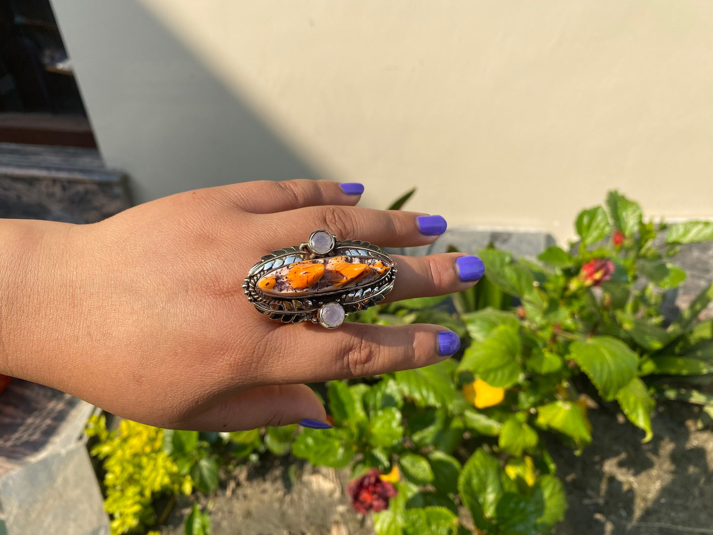 Hammered Tibetan silver Hand Ring , Made with Tibetan Silver & Natural Orange Spiny Oyster, Rings for Daily wears.
