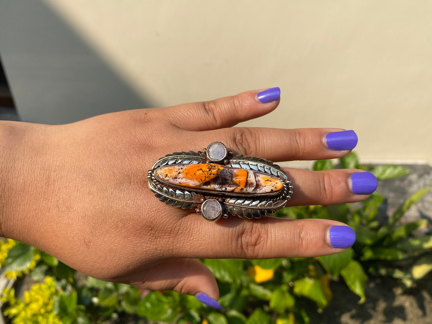 Hammered Tibetan silver Hand Ring , Made with Tibetan Silver & Natural Orange Spiny Oyster, Rings for Daily wears.