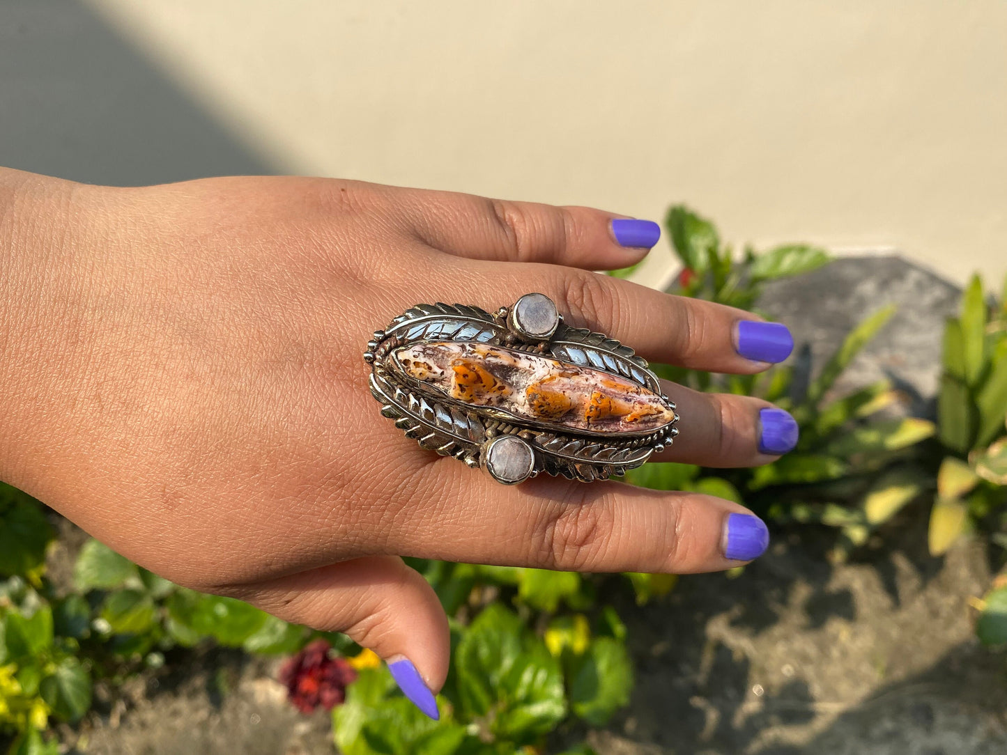 Hammered Tibetan silver Hand Ring , Made with Tibetan Silver & Natural Orange Spiny Oyster, Rings for Daily wears.