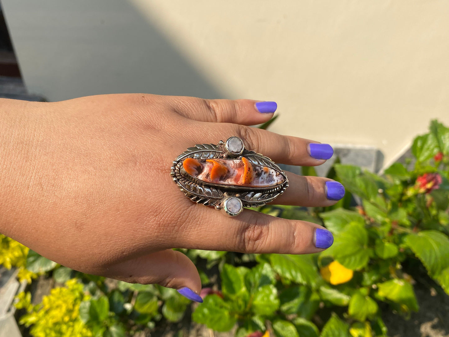Hammered Tibetan silver Hand Ring , Made with Tibetan Silver & Natural Orange Spiny Oyster, Rings for Daily wears.