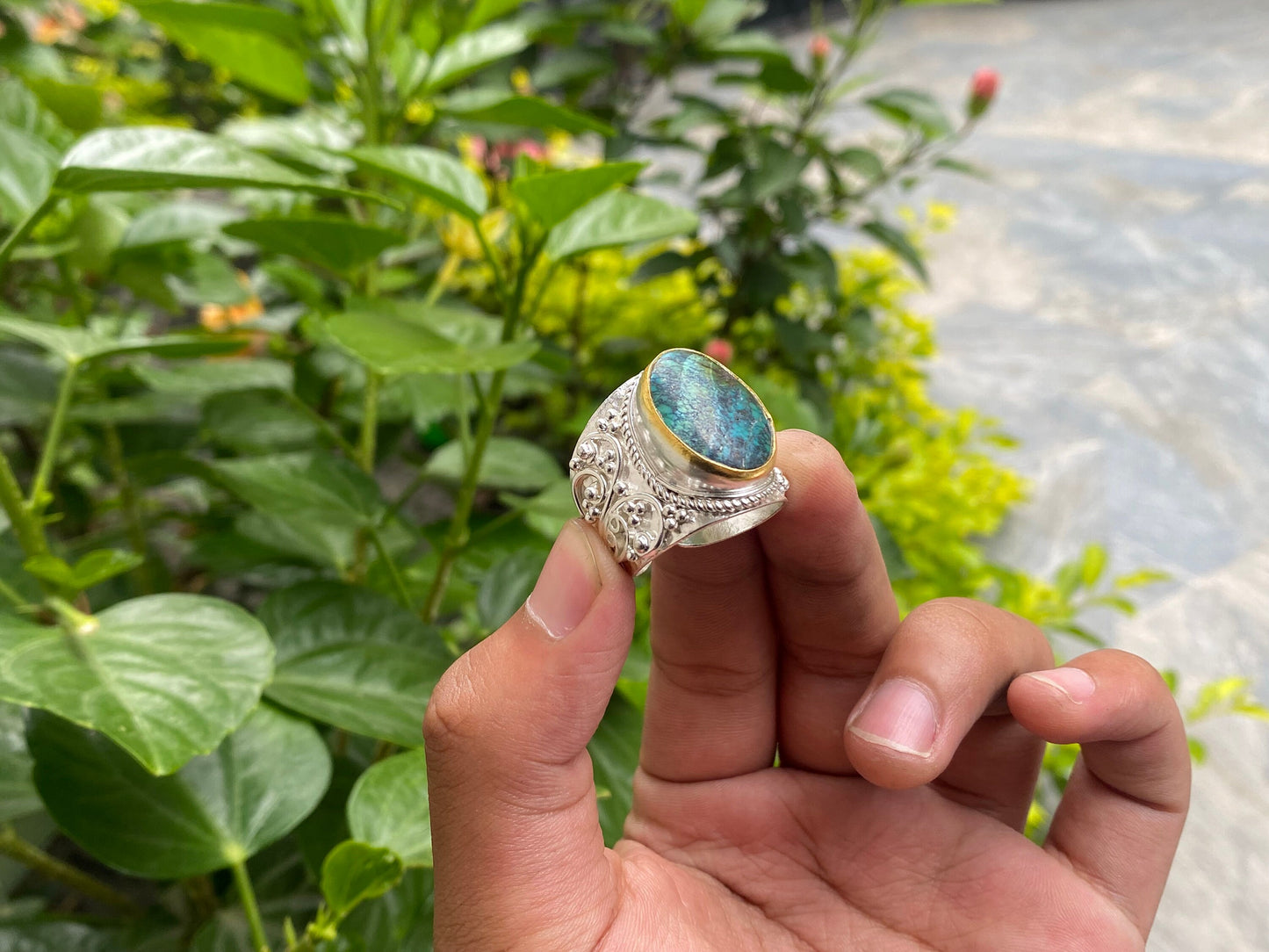 Hammered Two-Tone Ring with Natural Turquoise, Natural gemstone ring, Brushed Gold and Silver overlay over Brass, Gift ideas, Minimal Ring.