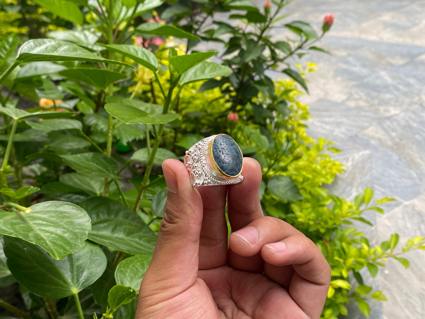 Hammered Two-Tone Ring with Natural Turquoise, Natural gemstone ring, Brushed Gold and Silver overlay over Brass, Gift ideas, Minimal Ring.