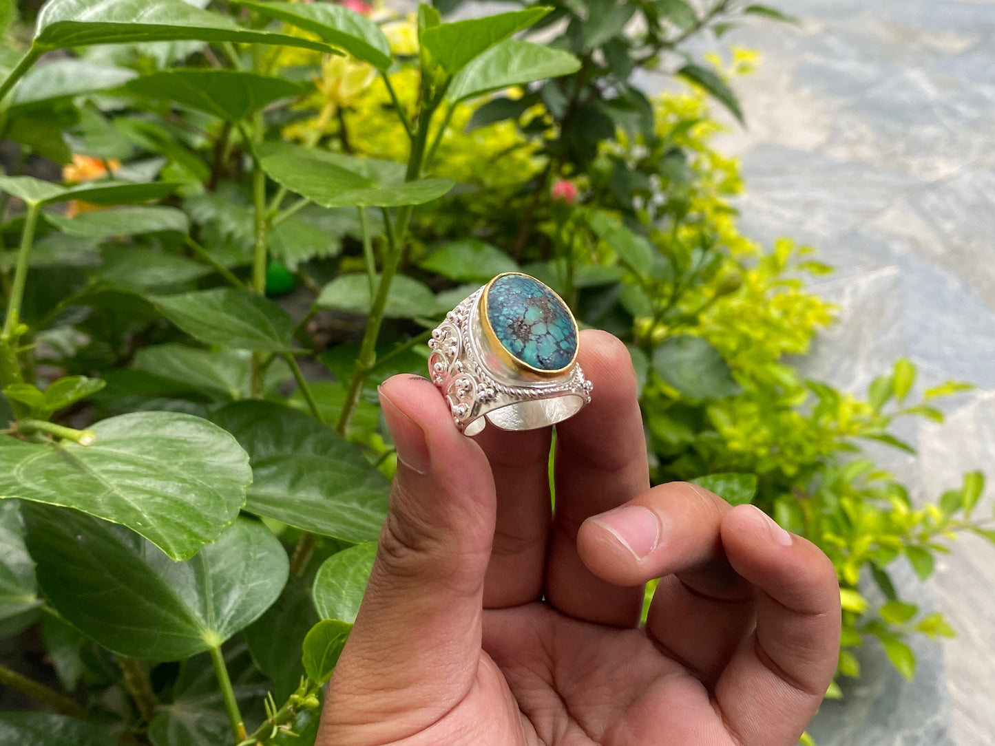 Hammered Two-Tone Ring with Natural Turquoise, Natural gemstone ring, Brushed Gold and Silver overlay over Brass, Gift ideas, Minimal Ring.