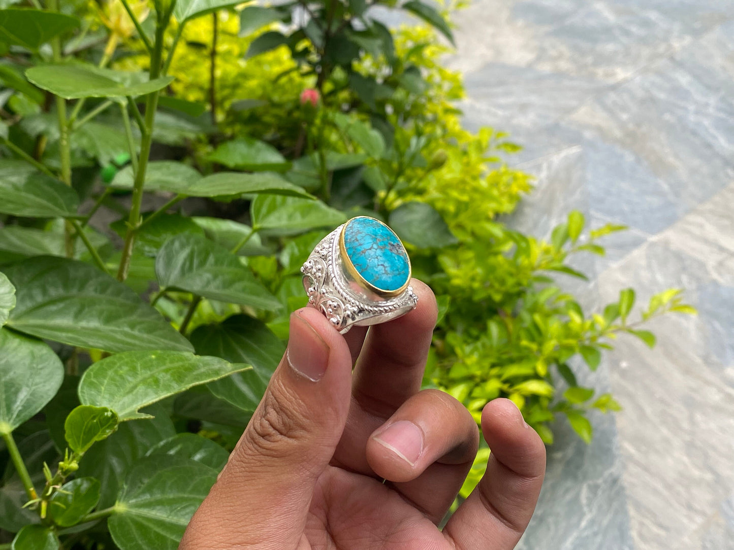 Hammered Two-Tone Ring with Natural Turquoise, Natural gemstone ring, Brushed Gold and Silver overlay over Brass, Gift ideas, Minimal Ring.