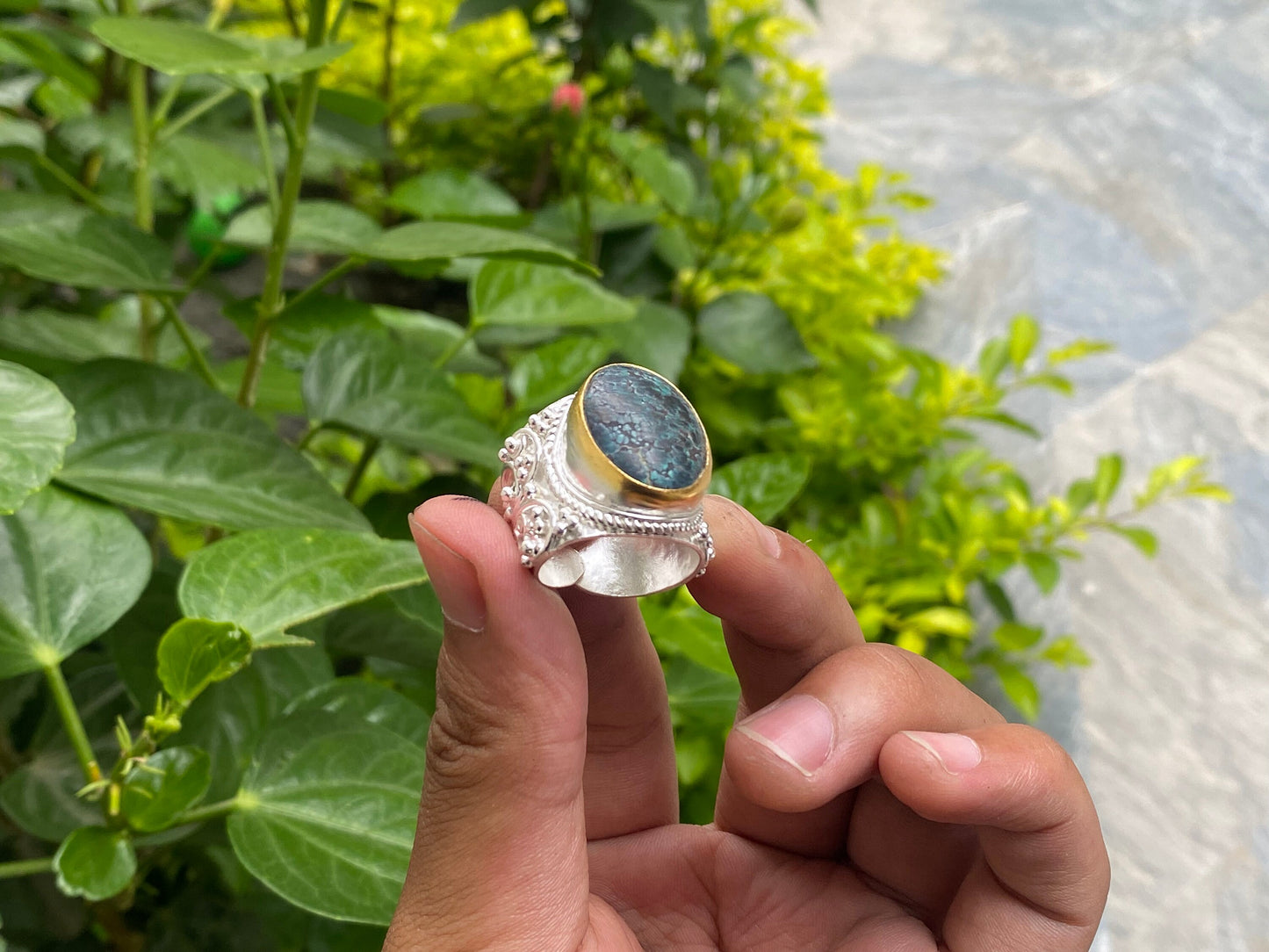 Hammered Two-Tone Ring with Natural Turquoise, Natural gemstone ring, Brushed Gold and Silver overlay over Brass, Gift ideas, Minimal Ring.