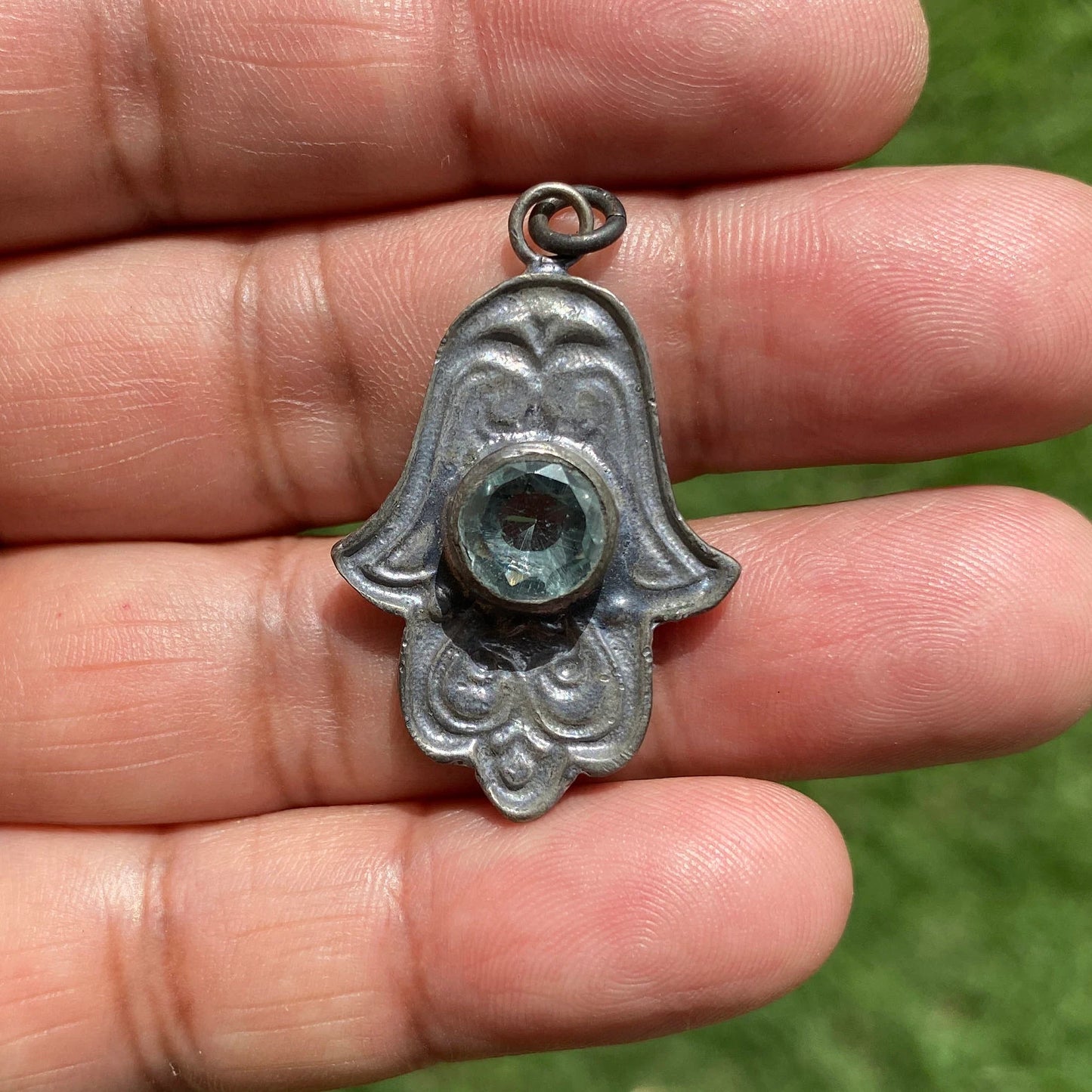Hamsa Oxidize Brass Pendant, Gemstone Small Charm, Faceted Green Topaz, Ruby or Citrine Pendant, Antique Brass Hamsa, Hand of Fatima Jewelry