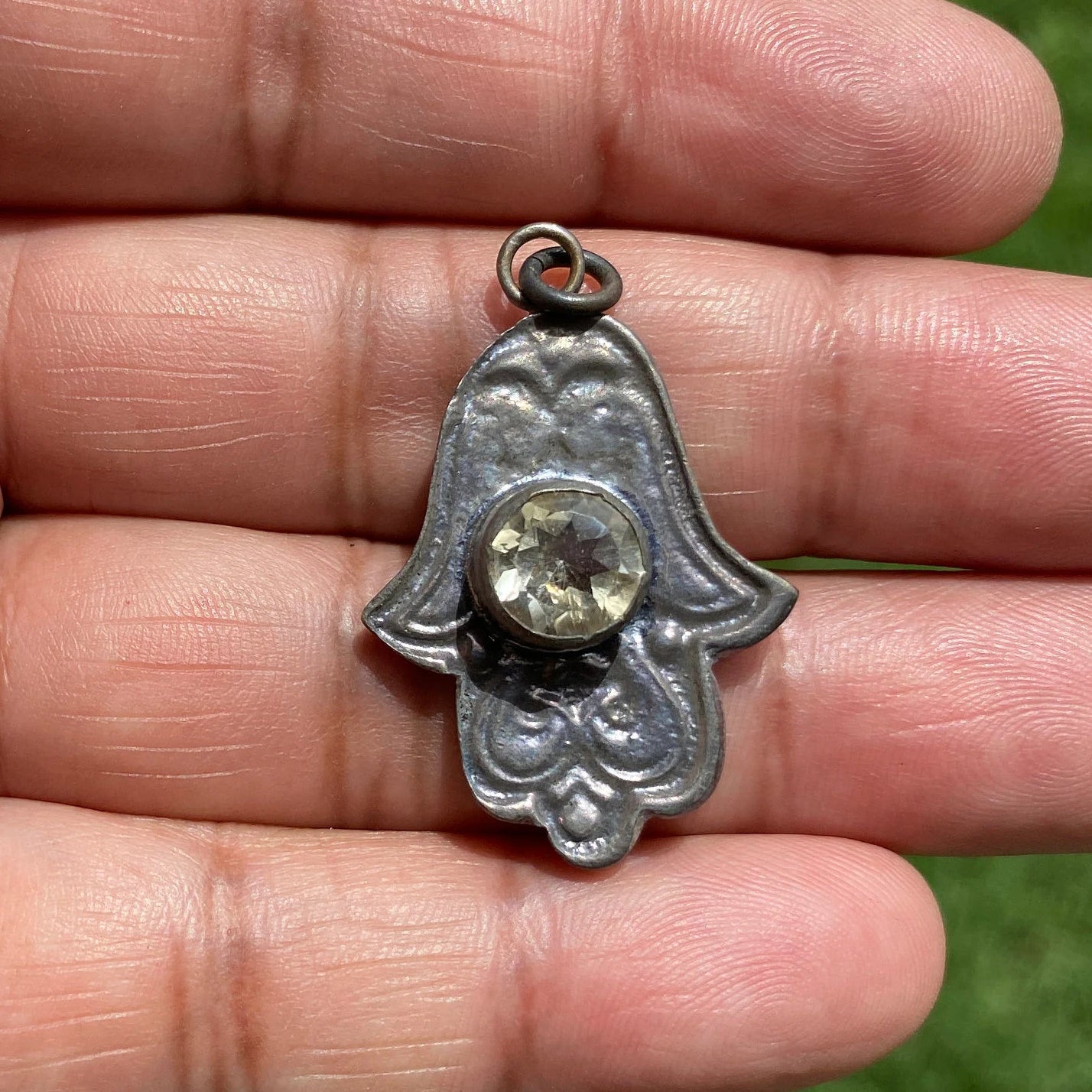 Hamsa Oxidize Brass Pendant, Gemstone Small Charm, Faceted Green Topaz, Ruby or Citrine Pendant, Antique Brass Hamsa, Hand of Fatima Jewelry