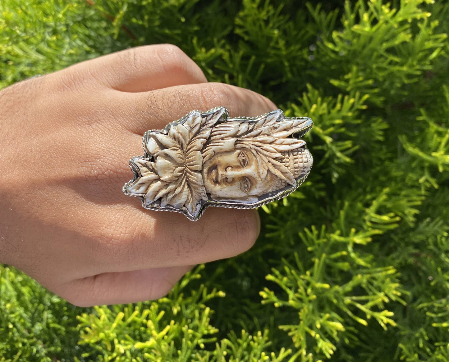 Hand-Carved Buddha Face Buffalo Bone Ring with Foliage Design, Tibetan Silver Adjustable Unisex Ring, Handcrafted Jewelry, Perfect Gift
